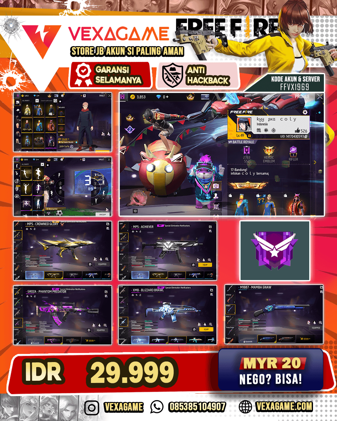 Akun FF Murah | MP5 Crowned Glory | SG Mamba | Vault 50++ | Bundle JJK