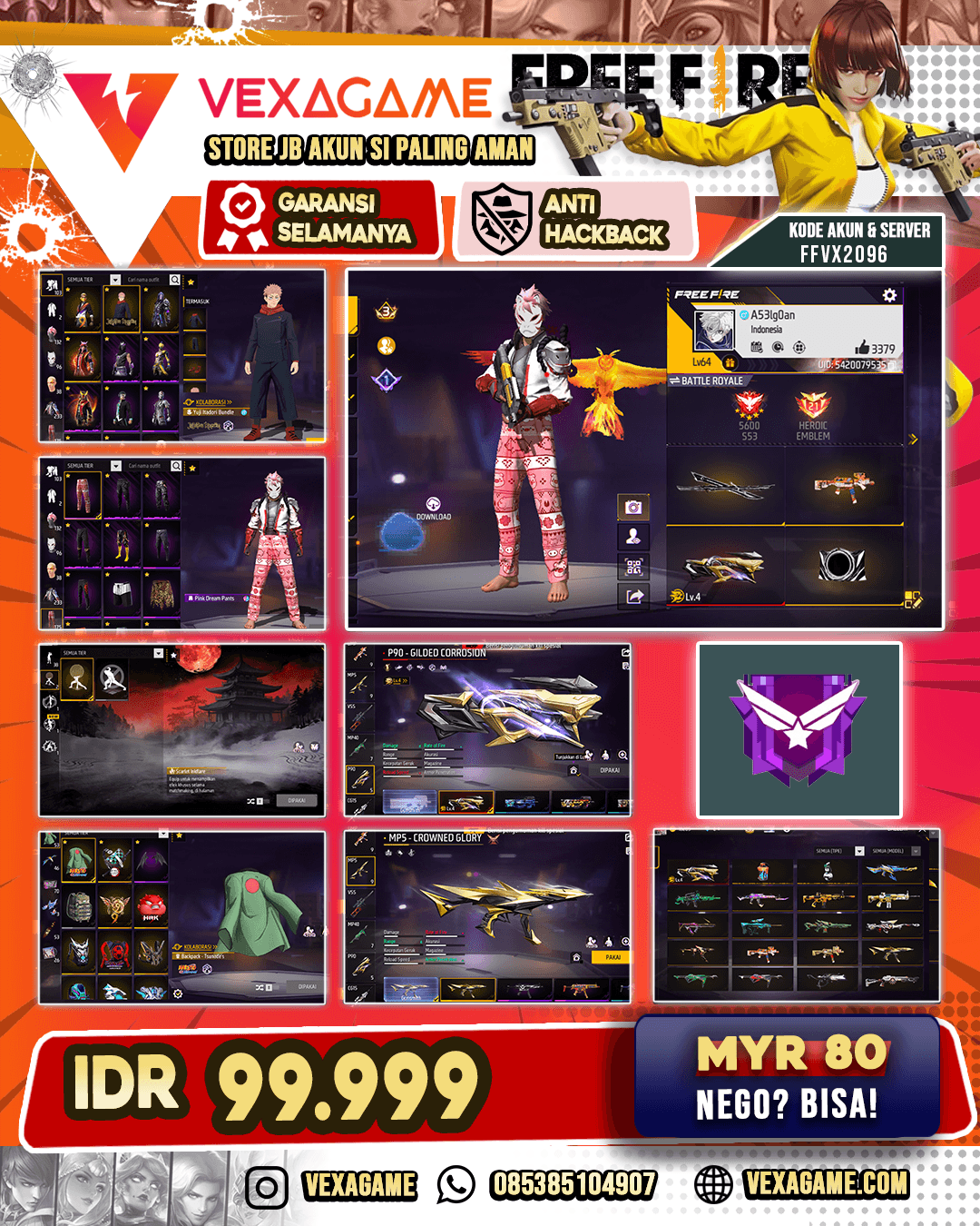 Bundle Yuji | Rambut Kakashi Pink | Emote Khusus | P90 Evo Gemuk | UMP 3 Rasa | MP5 Crowned Glory