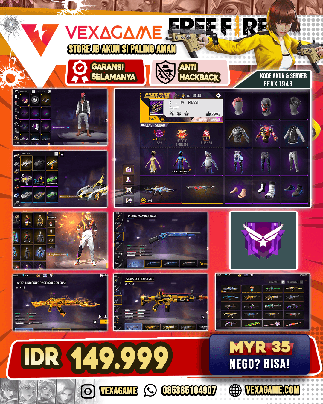 EVO XM8 OTW Gemuk | SG 2 Rasa | AK47 Unicorns Rage Golden | Rambut Kakashi | Nyeker ON | Vault 300+ | Senjata 300+