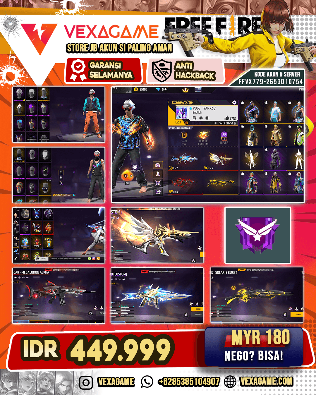 Celana Penjara | Celana Justin Bieber | Backpack Bunny | FAMAS Black Widow Lightning | SCAR Megalodon Alpha  Lv 4 |  XM8 Destiny Guardian Lv MAX | UMP Booyah Day Lv MAX | SG Solaris Burst | Vault 300+