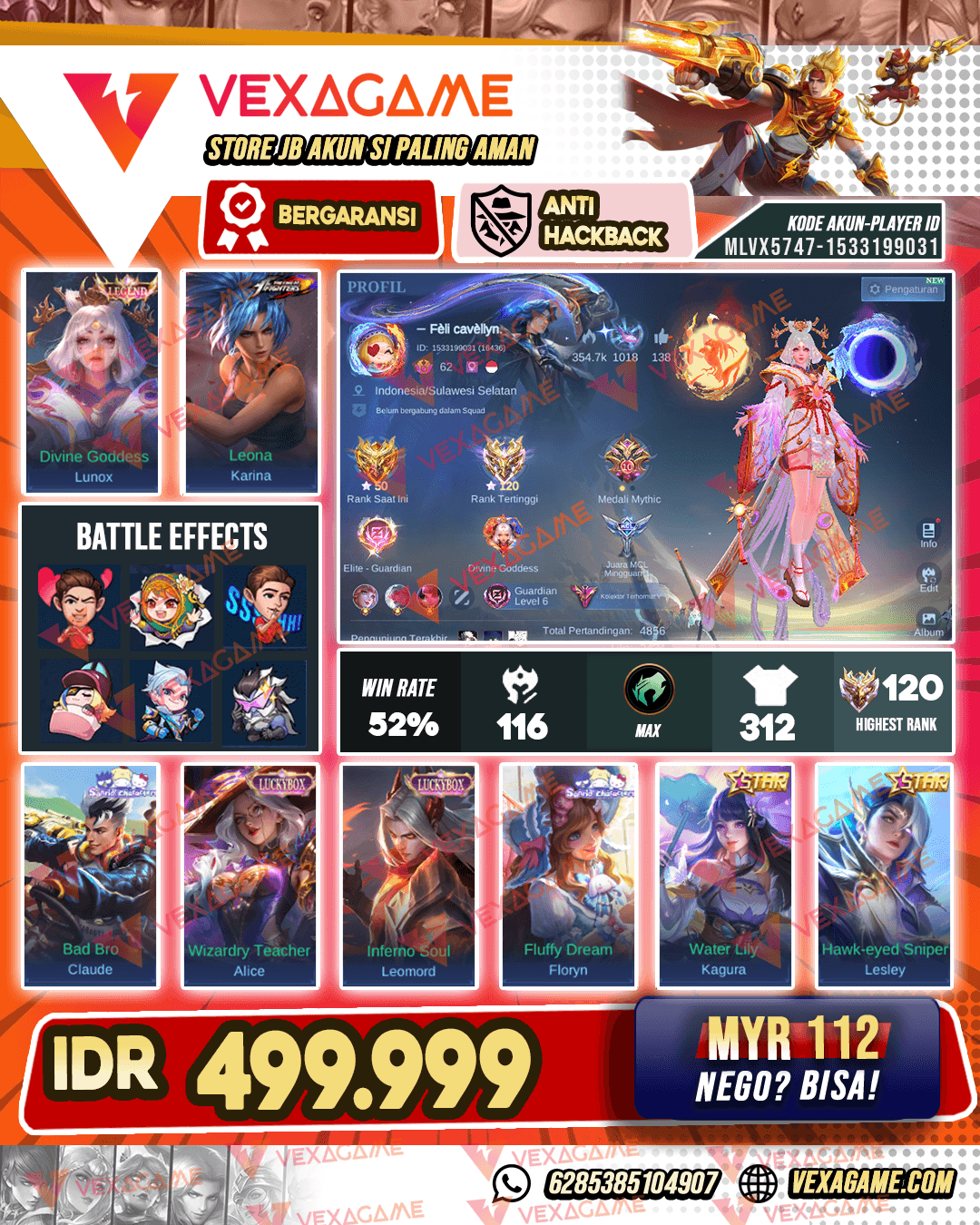 Lunox Legend | Claude Sunrio | Floryn Sunrio | 2 Luckybox | 3 Star | Ex Immortal | Emblem MAX