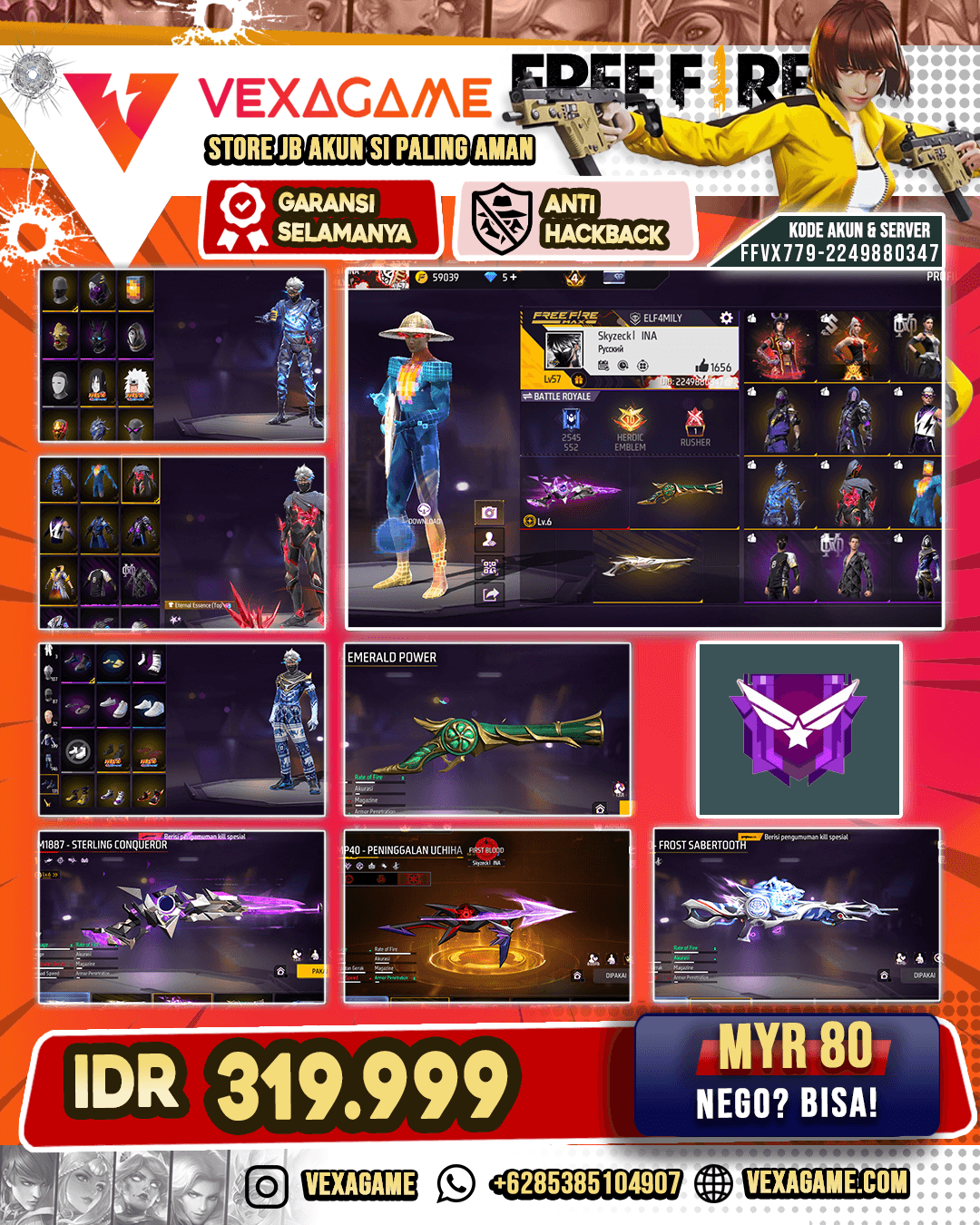 Eternal Essence Top | Celana CR 7 | Groza BANG! Pop Blaster Lv 5 | Woodpecker Majestic Prowler Lv 3 | M60 Frost Sabertooth | MP40 Peninggalan Uchiha | SG Gurun | SG Sterling Conqueror Lv 6 | SG Terompet | Vualt 199
