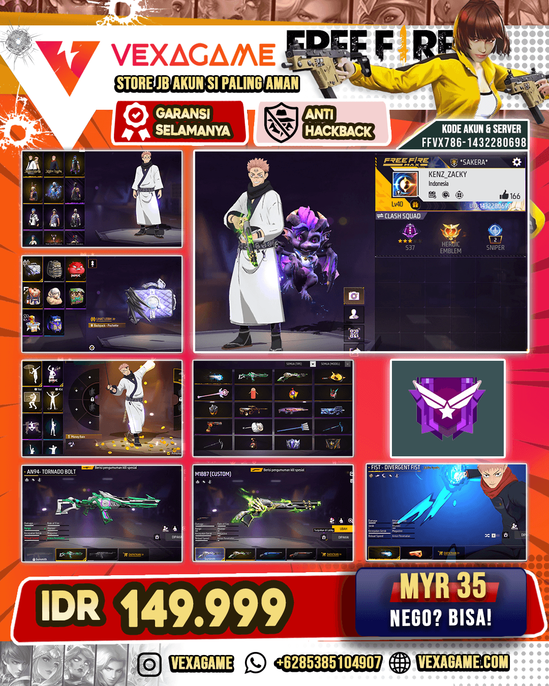 SG Lumut | Divergent Fist | AN94 Tornado Bolt | Emote Money Rain | Backpack Pochette