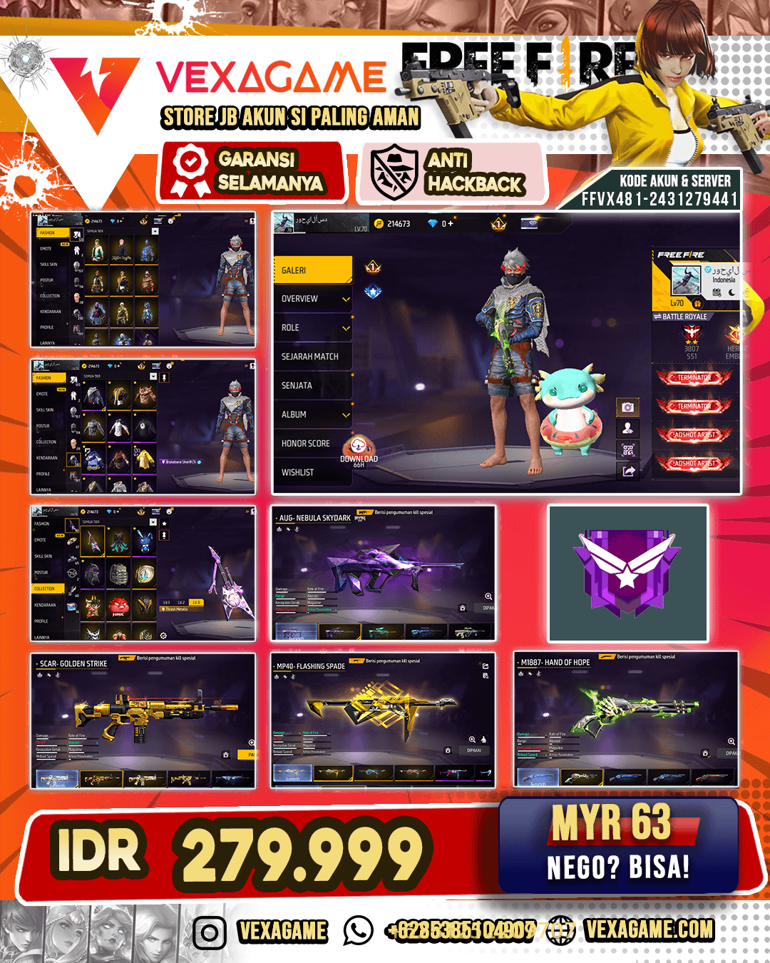Backpack Thrash Metallic | SCAR Golden Strike | Scar Paradise | AUG Nebula Skydark | UMP Dawn Voyage | MP40 3 Rasa | SG Lumut | Vault 250+