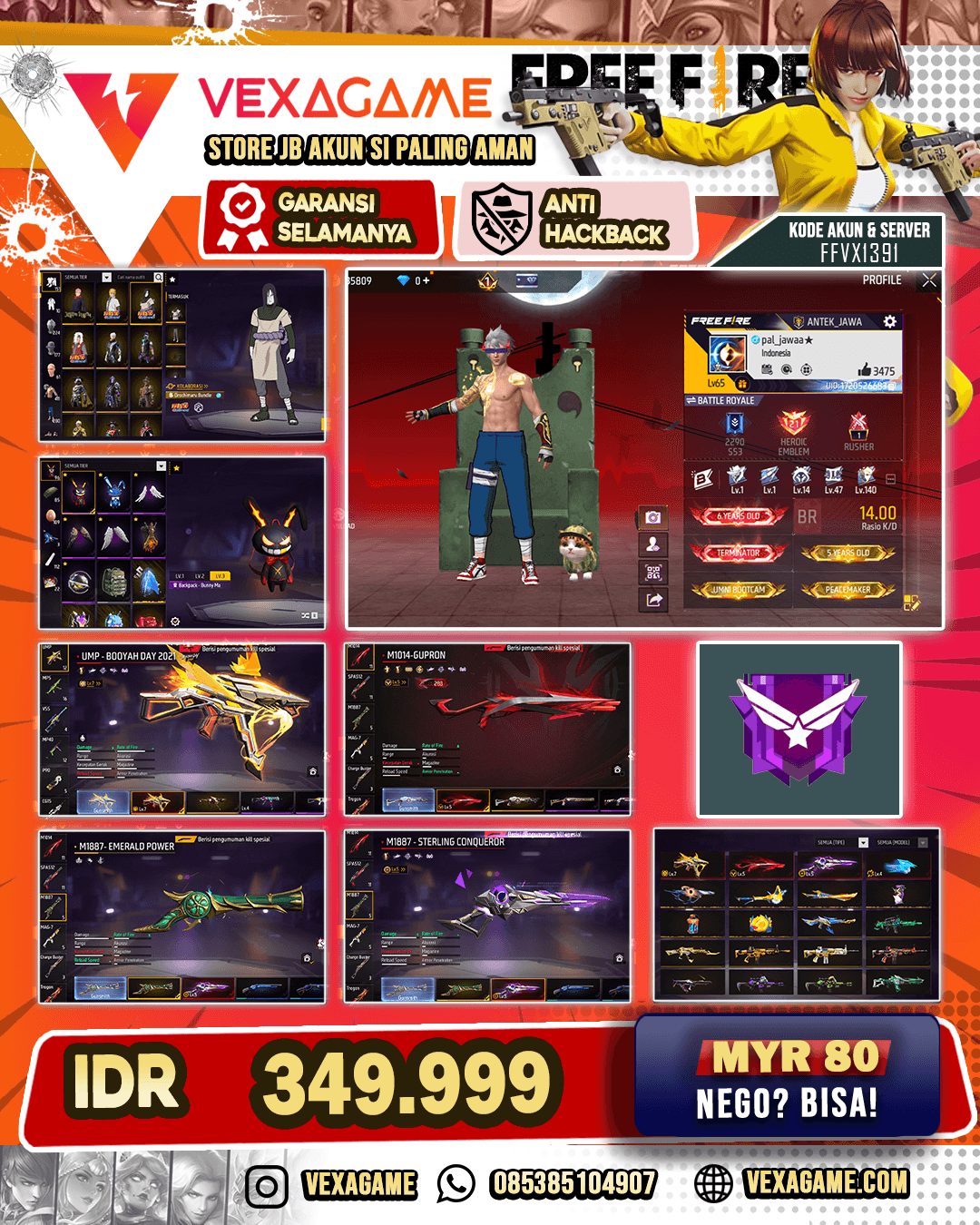 Bundle JJK | Bundle Minato | Backpack Sayap | M4A1 Stormy Ascent | M4A1 Venom Netherworld | AK47 Unicorn's Rage | UMP Booyah Day Lv MAX | SG Terompet | SG Sterling Conqueror Lv 5 | SG Scorpio Shattered Lv 5