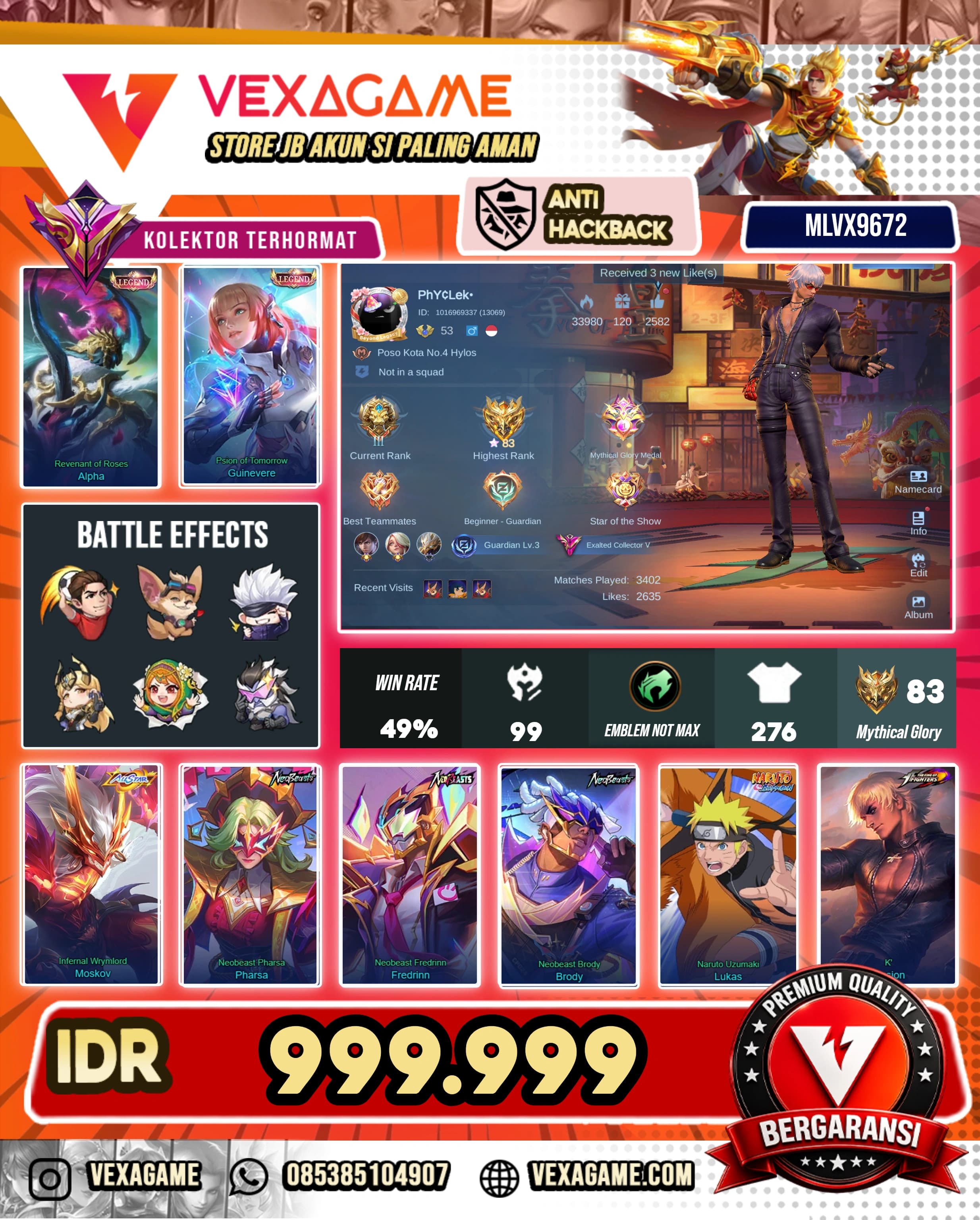 Gusion Kof |  2 Legend |  3 All Stars | 2 Nero Beast | Lukas Naruto |  2 Luckybox | Balmod CC | Harley CC