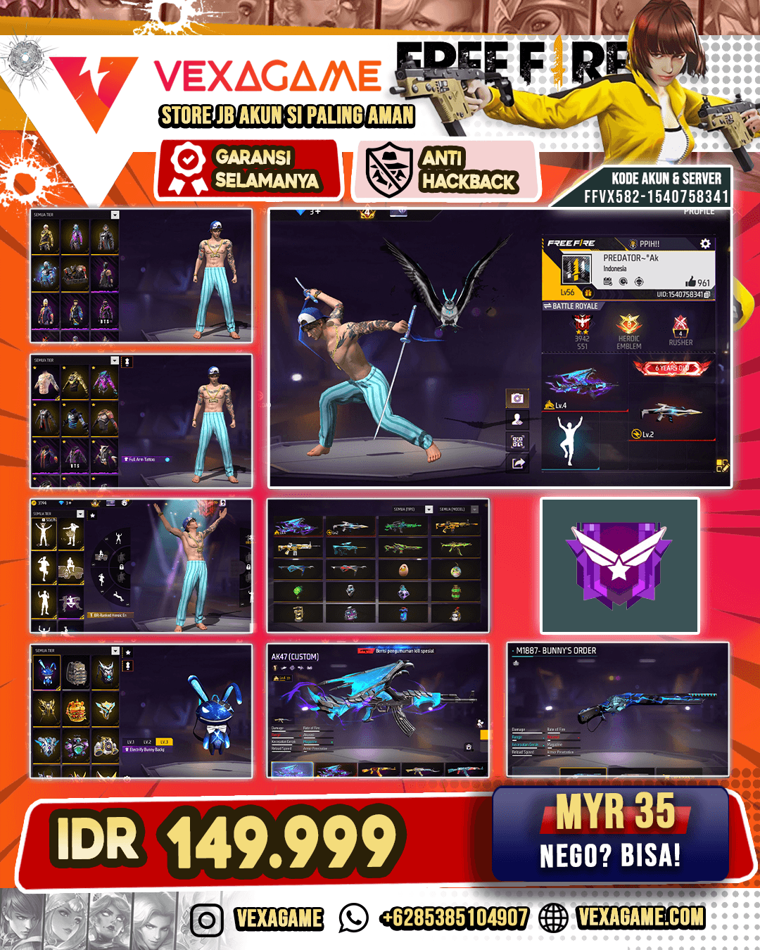 AK47 Blue Flame Draco Lv 4 | XM8 Destiny Guardian Lv 2 | SCAR Cupid | SG Bunny | MP40 2 Rasa | Full Arm Tatto | Vault 150+