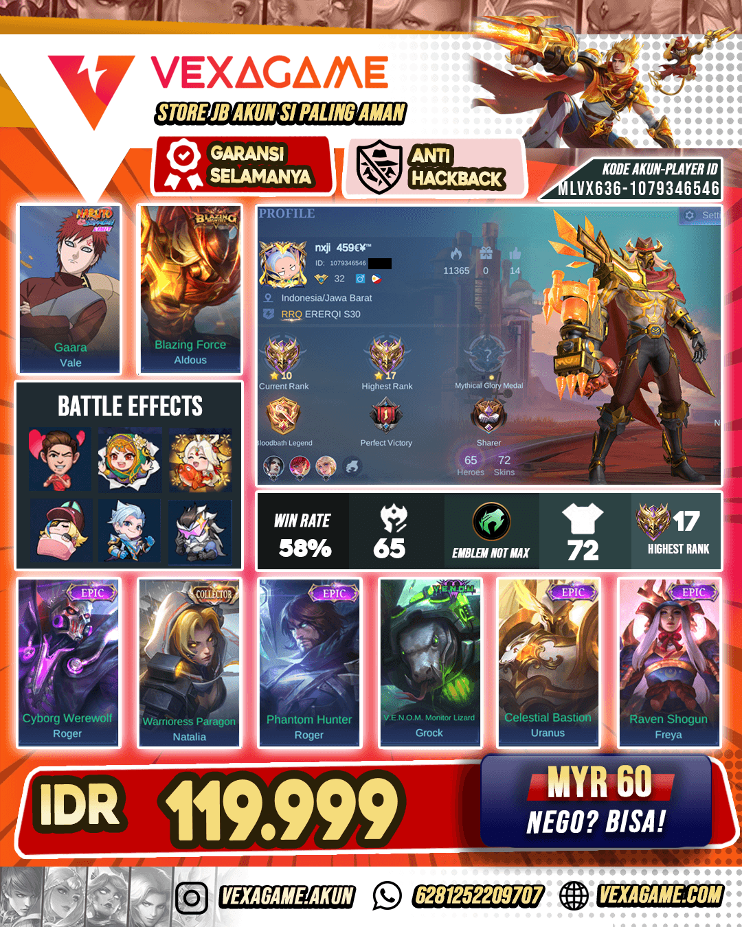 Aldous Blazing X Freya Epic Akun Mobile Legends
