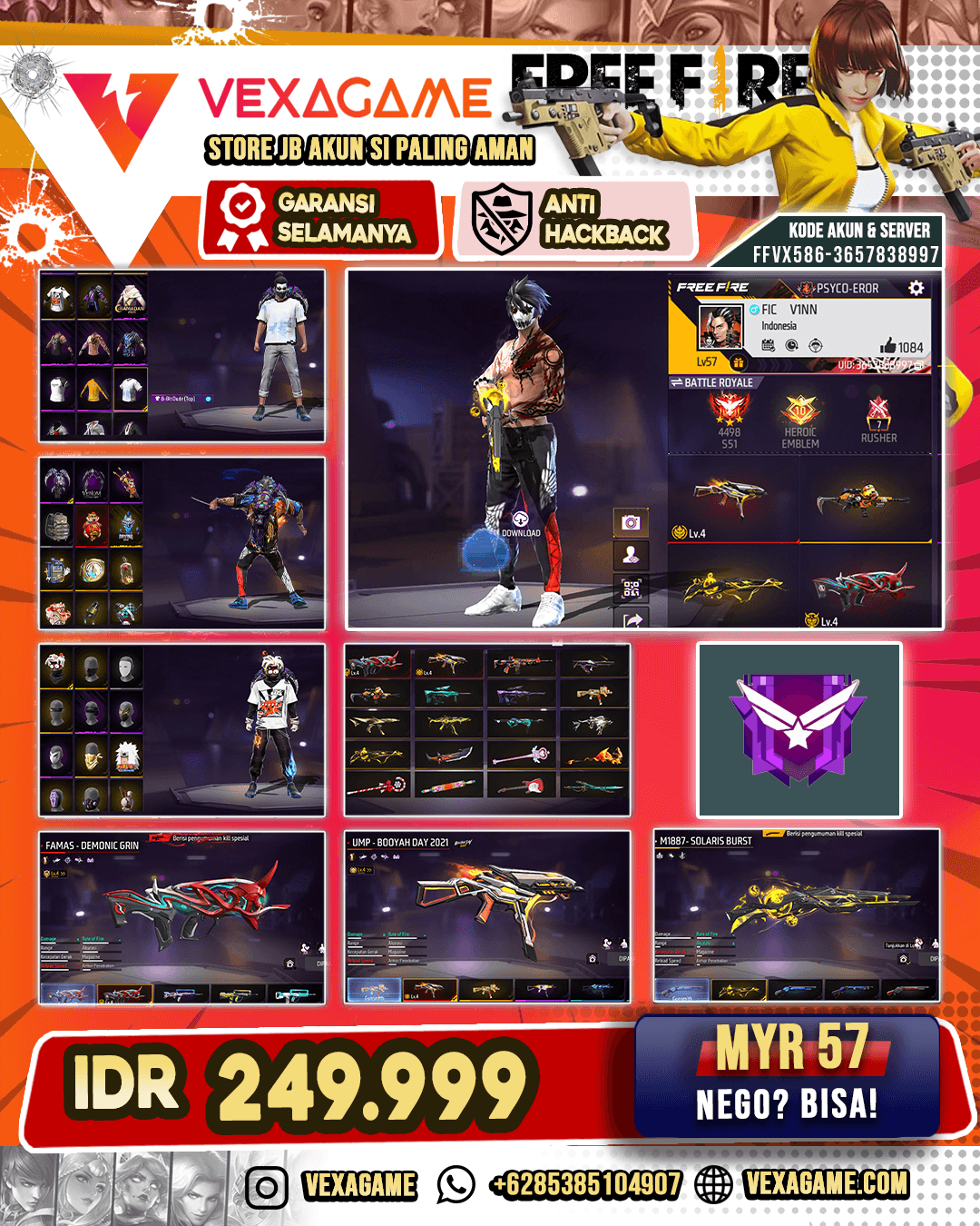 FAMAS Demonic Grin Lv 4 | SG Solaris Burst | SG Mamba | MP40 Royal Flush | UMP Booyah Day Lv 4 | Vault 150+