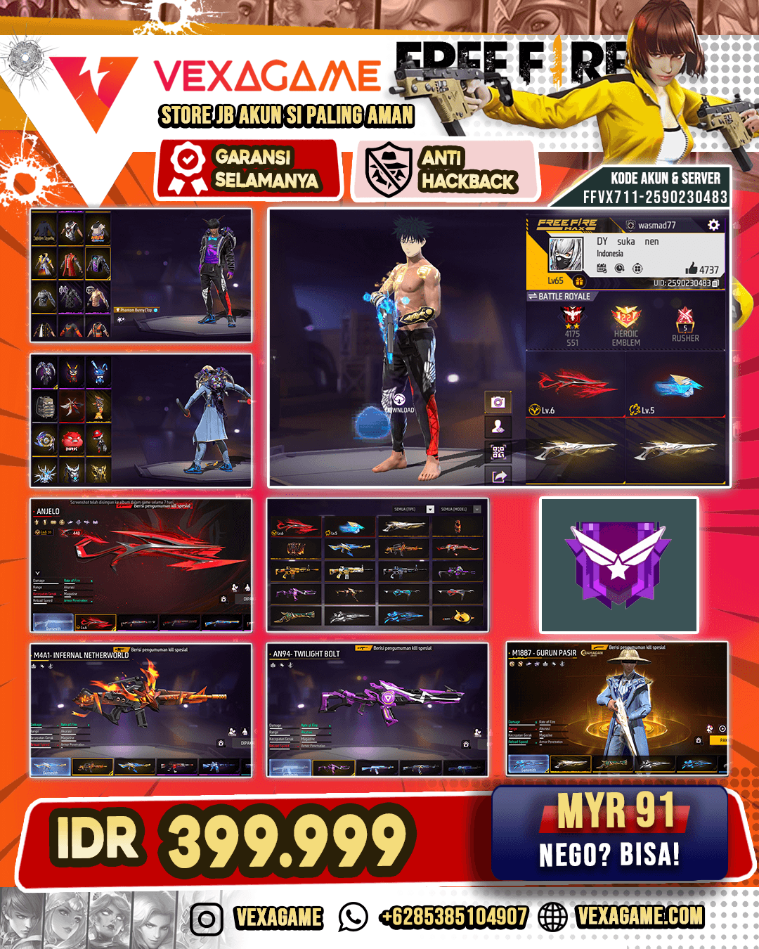 SG Gurun | SG Terompet | SG Panjang Evo MAX | MP40 Royal Flush | AN94 Twilight Bolt | SCAR 3 Rasa | AK47 Unicorn's Rage | Backpack Demi Wings | Vault 350+