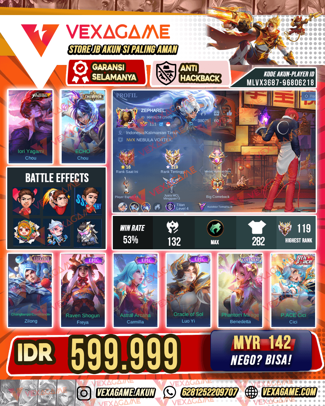 Chou KOF X Chou Champion  | Zilong Luckybox| Emblem MAX & Hero MAX | Ex Immortal