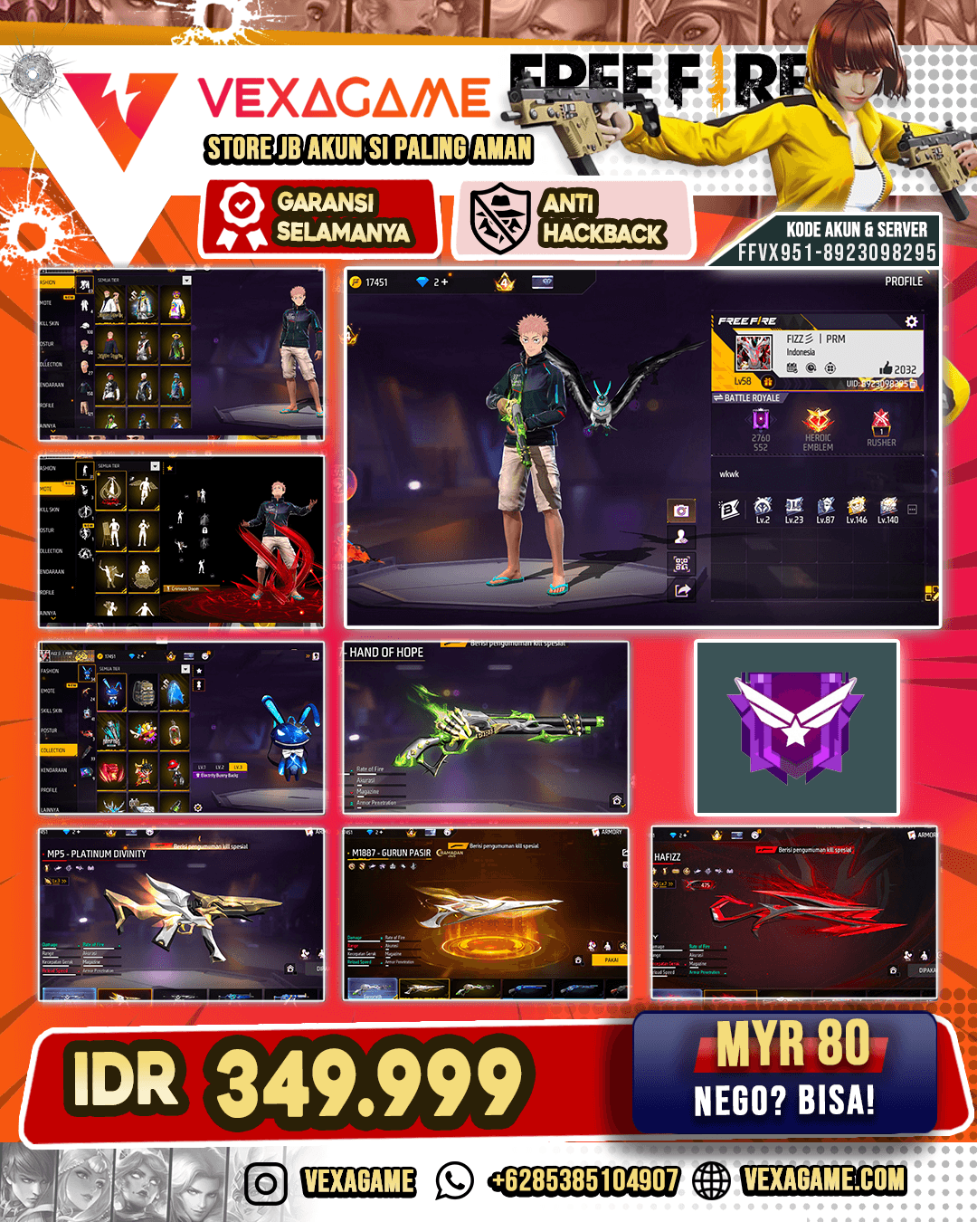 Bundle Kolab JJK | Bundle Super Gamer | Emote Scorpio | Backpack Bunny | AK47 Blue Flame Draco Lv 3 | AK47 Unicorn's Rage | MP5 Platinum Divinity Lv 3 | SG Scorpio Shatter Lv MAX | SG Lumut | SG Gurun | Tinju Drachen Lv 5