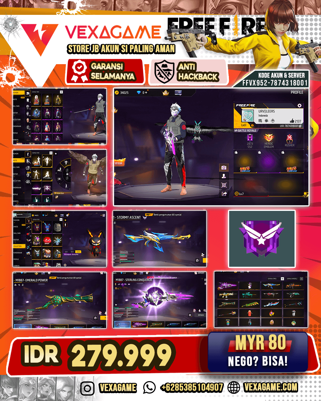 Bundle Jiraiya | Bundle Kakashi | Emote Flutter Dash | Backpack Bunny Mastermind | M4A1 Stormy Ascent | SCAR Paradise | MP40 Blazing Heart | SG Sterling Conqueror Lv MAX | SG Terompet | Vault 100+