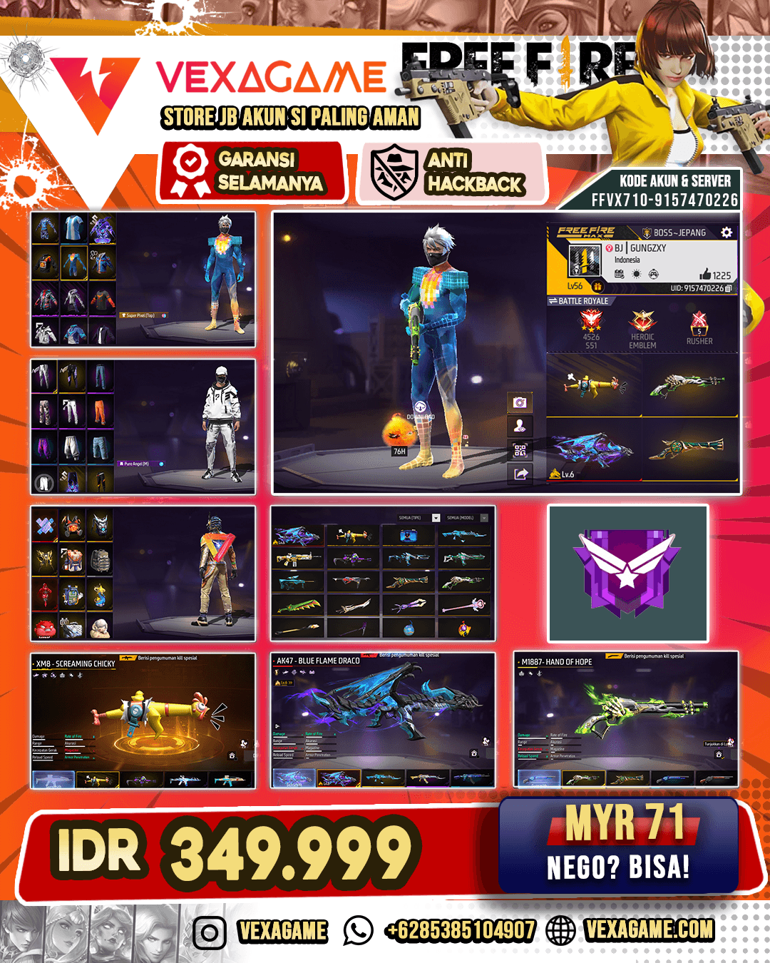 AK47 Blue Flame Draco Lv 6 | SG Lumut | SG Terompet | AN94 Tsunami Bolt | XM8 Screaming Chikcy | SCAR Paradise | Celana Angel | Vault 100