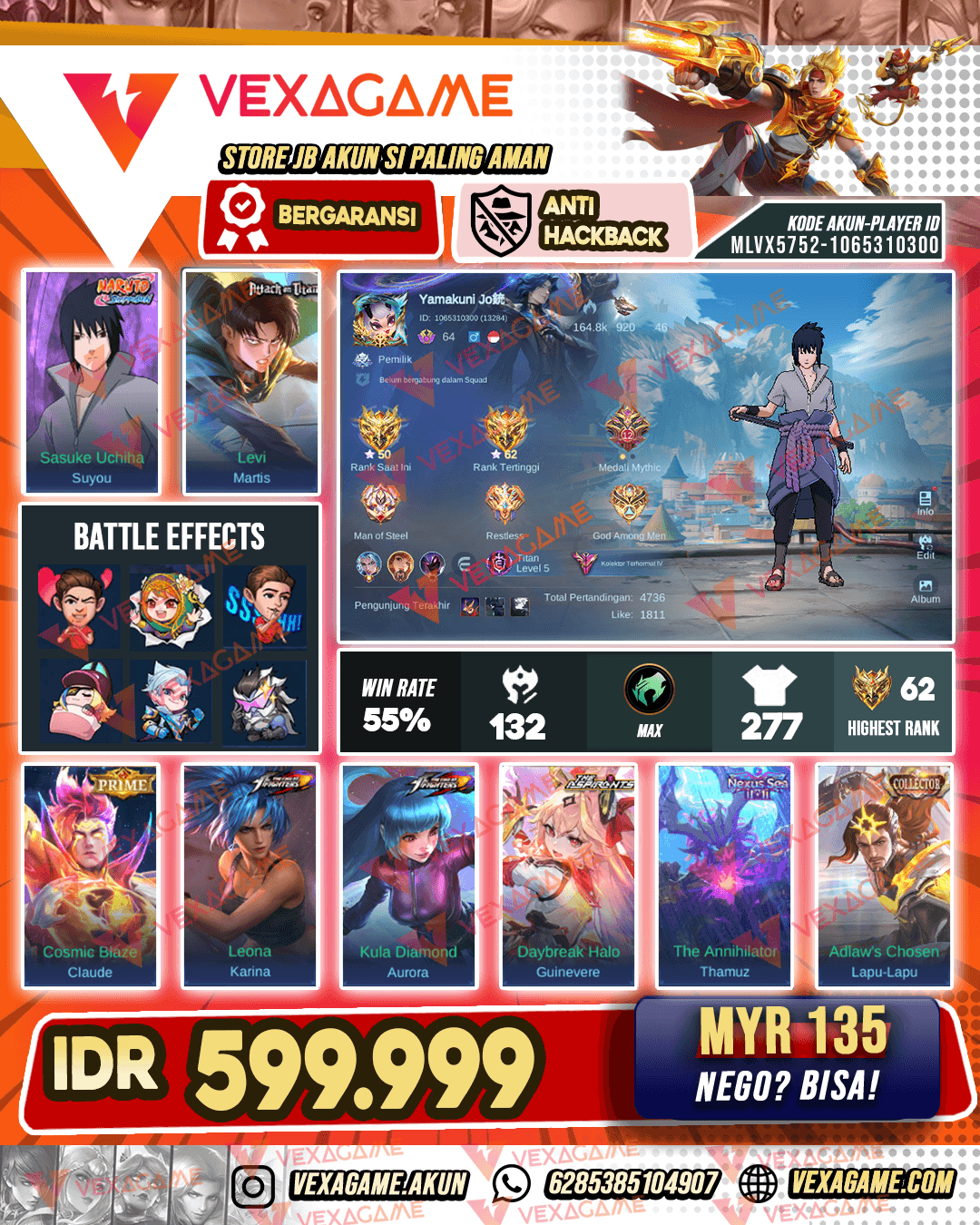 Suyou Sasuke | Martis AOT | Guinevere Aspirants -Lapu| Lapu Collector | Aurora KOF | Tamuz Nexus Sea | Emblem MAX & Hero MAX
