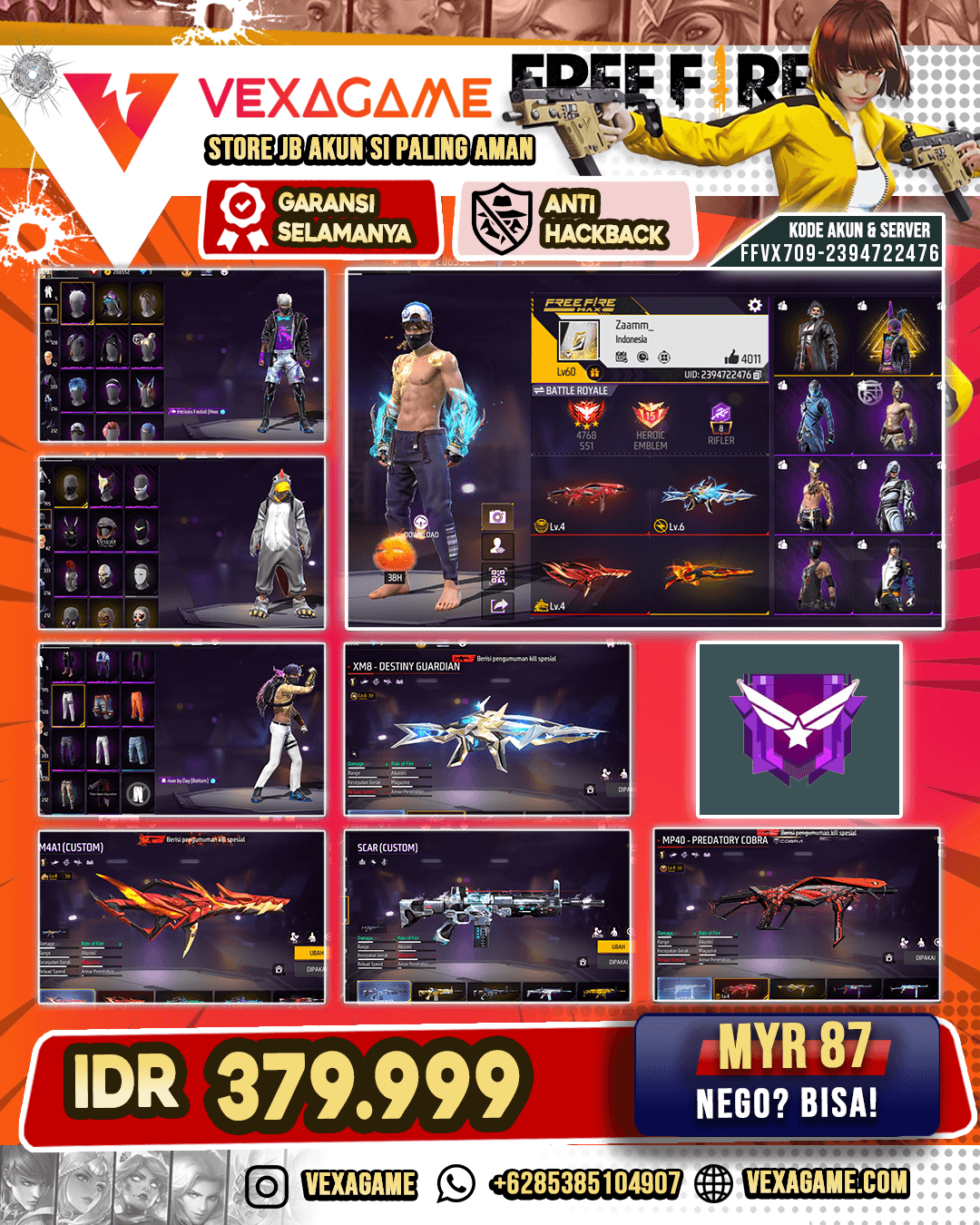 SG Incendium Burst | SG Apocalytpic Green | MP40 Predatory Cobra Lv 4 |  XM8 Destiny Guardian Lv 6 | M4A1 Infernal Draco Lv 4 | Celana Penjara | Vault 300+