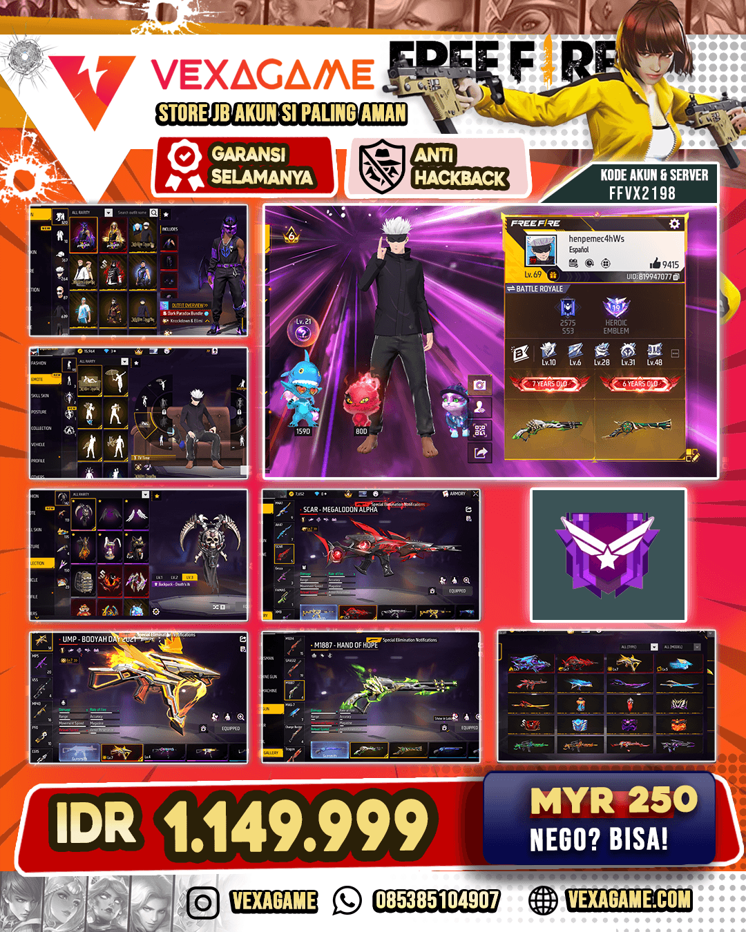 Evo 4 Max 4 | SG Lumut X Trompet | Senjata Animasi 2 | Bundle Mythic 3 Set | Bundle Gojo X JJK  X OPM Biru | Katana On | Rambut Kakashi Hitam Putih On