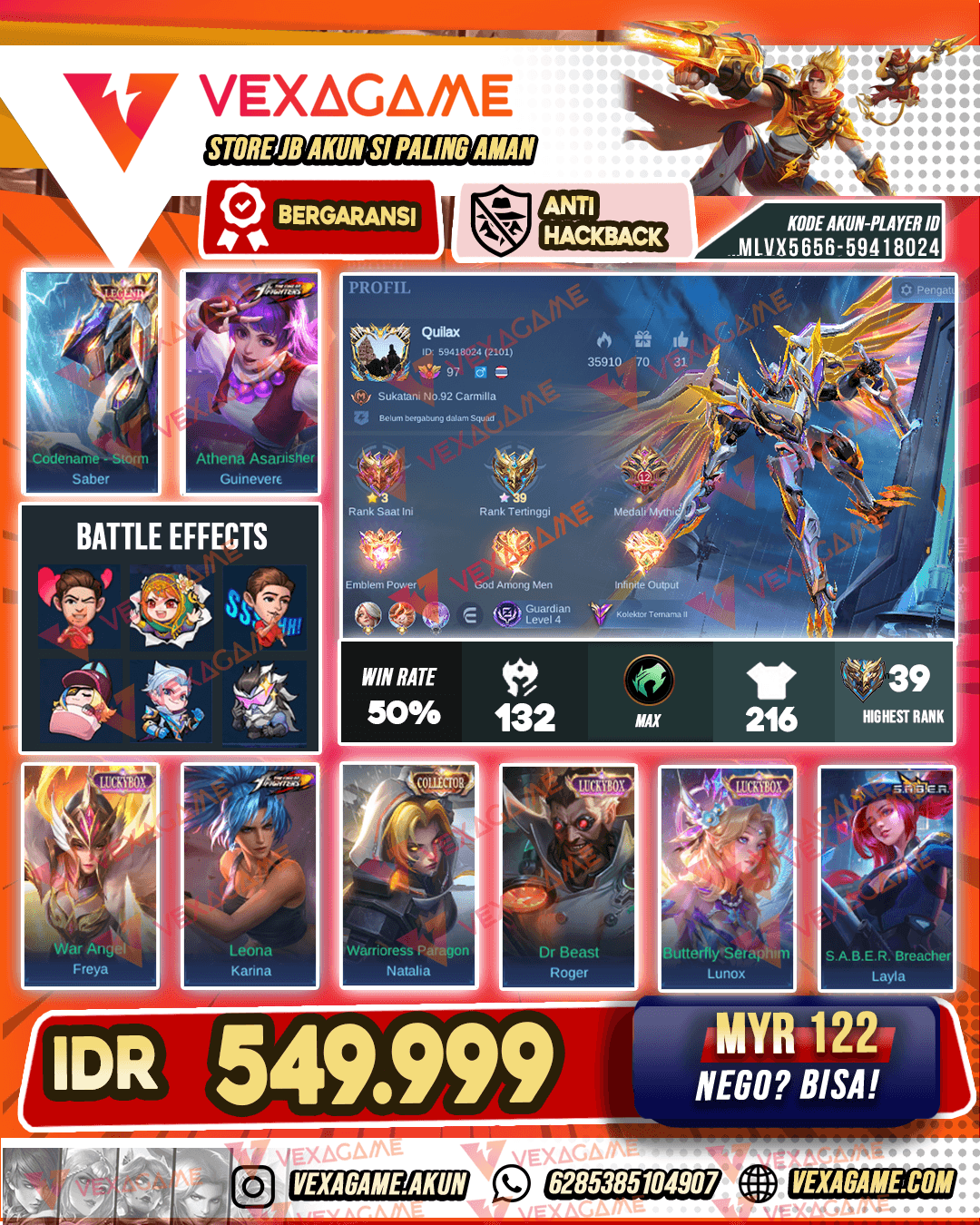 Saber Legend | Guin Kof | 3 Luckybox | Emblem & Hero Max