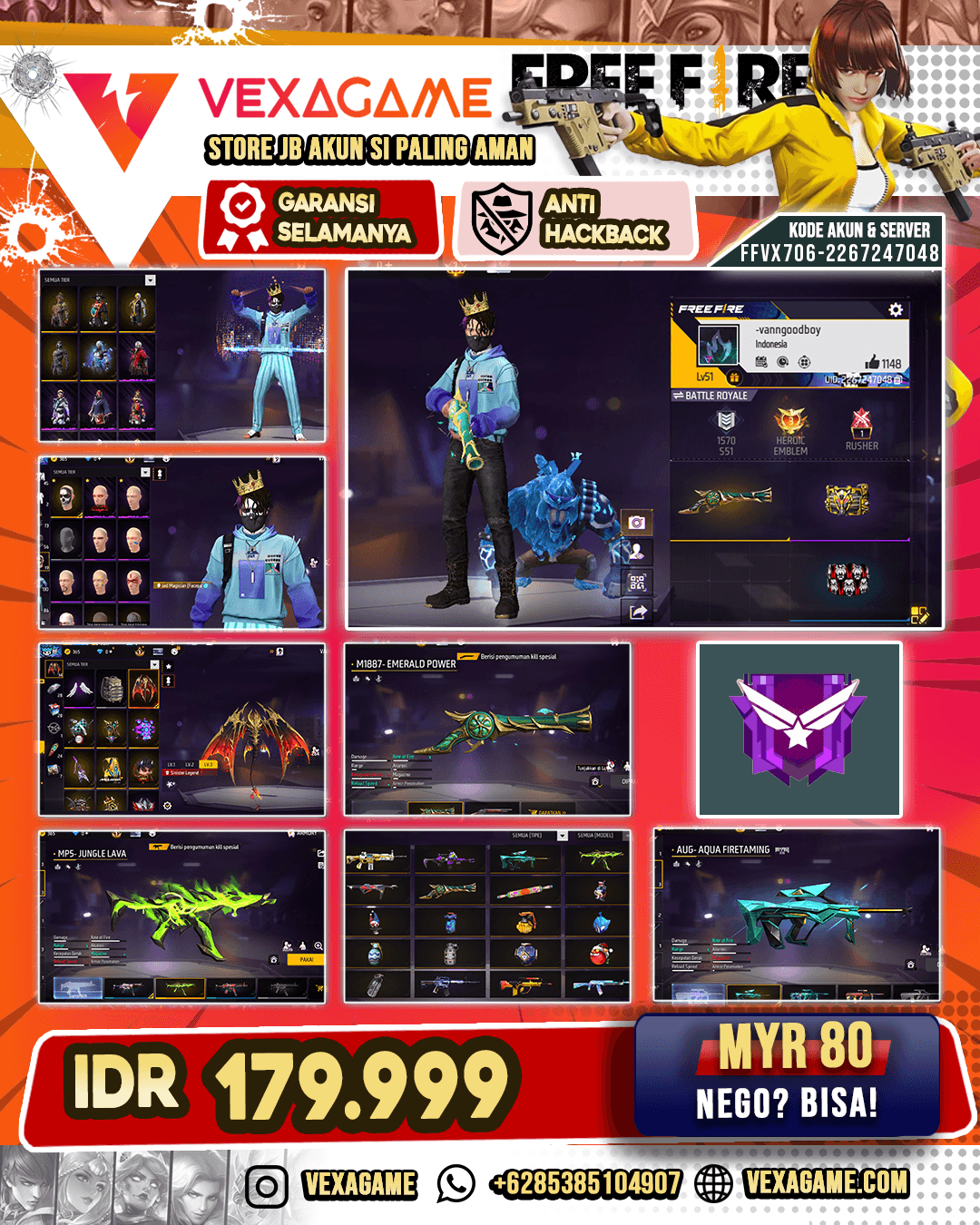 SG Terompet | MP5 Jungle Lava | AUG Aqua Firetaming | MP40 Blazing Heart | Backpack Sayap | Vault 100+