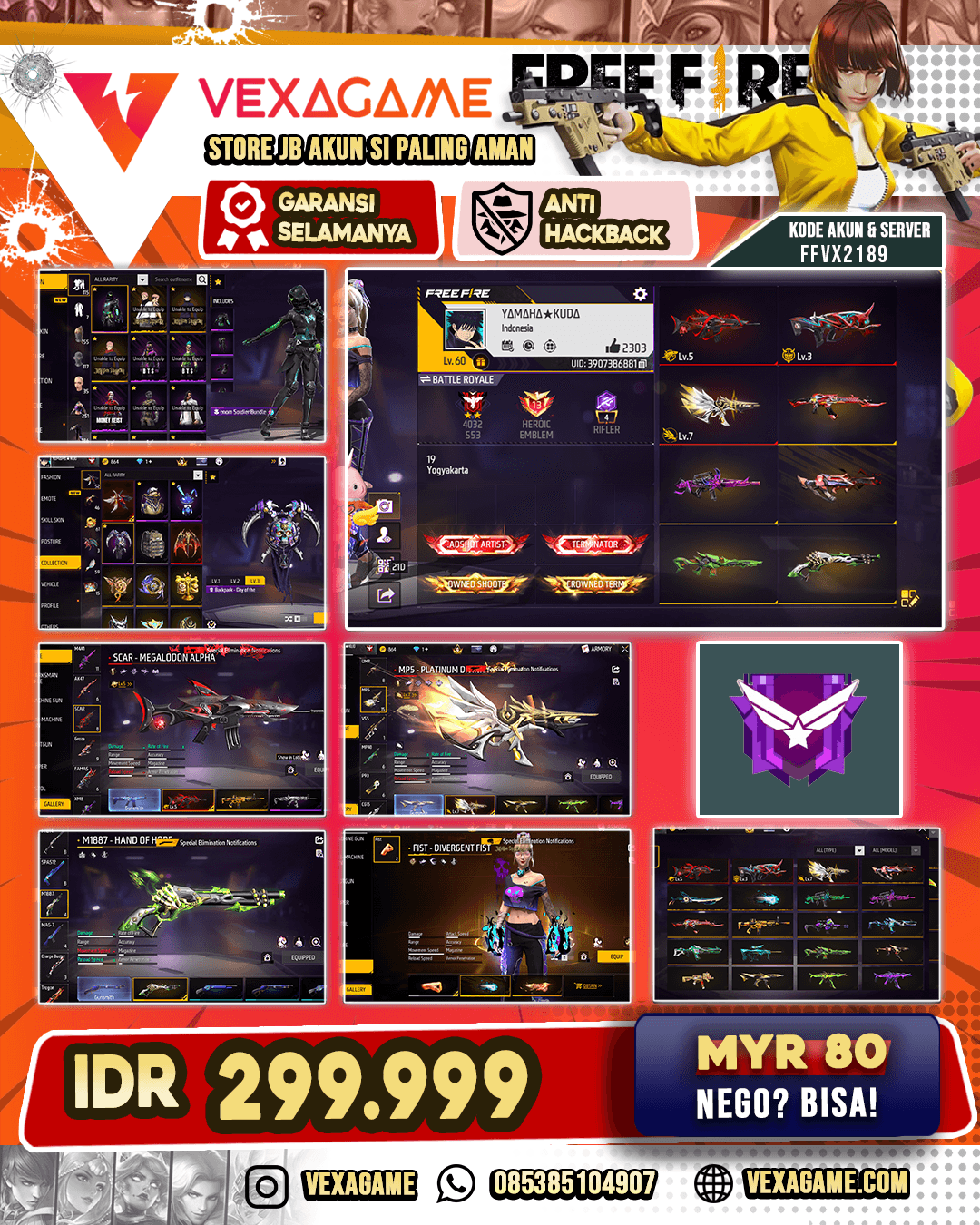 AKUN FF CEWEK JOSJIS | 3 EVO - MP5 MAX - SCAR OTW Gemuk | Groza Itadori Yuji | SG Lumut | Katana X Tinju ON | Vault 250+