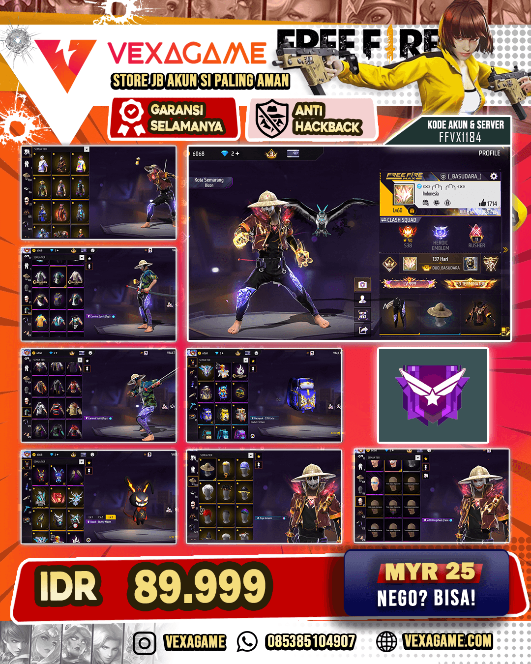 AKUN FF DANA PELAJAR | FACE JOKER V2 | TOPI JERAMI | VAULT 150++