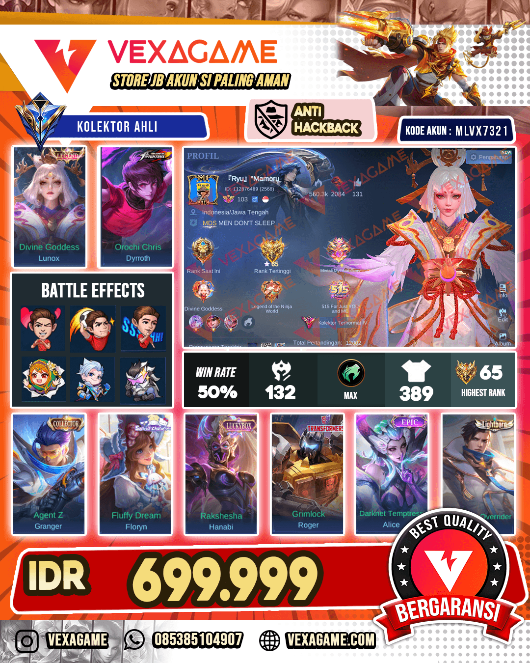 Lunox Legend | Granger Collector | Dyrroth KOF | Emblem + Hero MAX | Recall Snowman