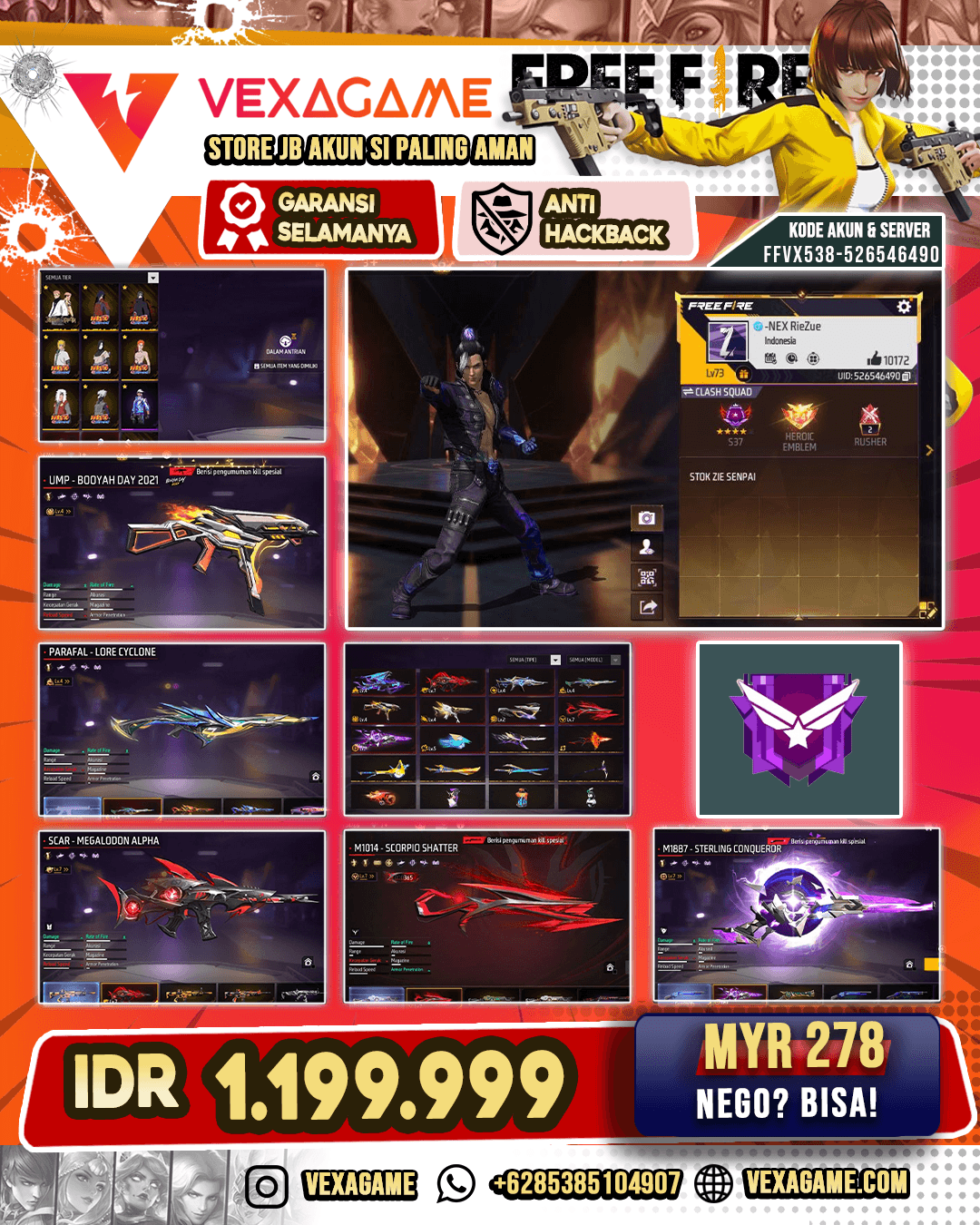 SCAR Megalodon Alpha Lv MAX | AK47 Blue Flame Draco Lv 4 | XM8 Destiny Guardian Lv 4 | SG Panjang Evo MAX | SG Sterling Conqueror Lv MAX | Parafal Lore Cyclone Lv 4 | MP5 Platinum Divinity Lv 5 | Vault 800+