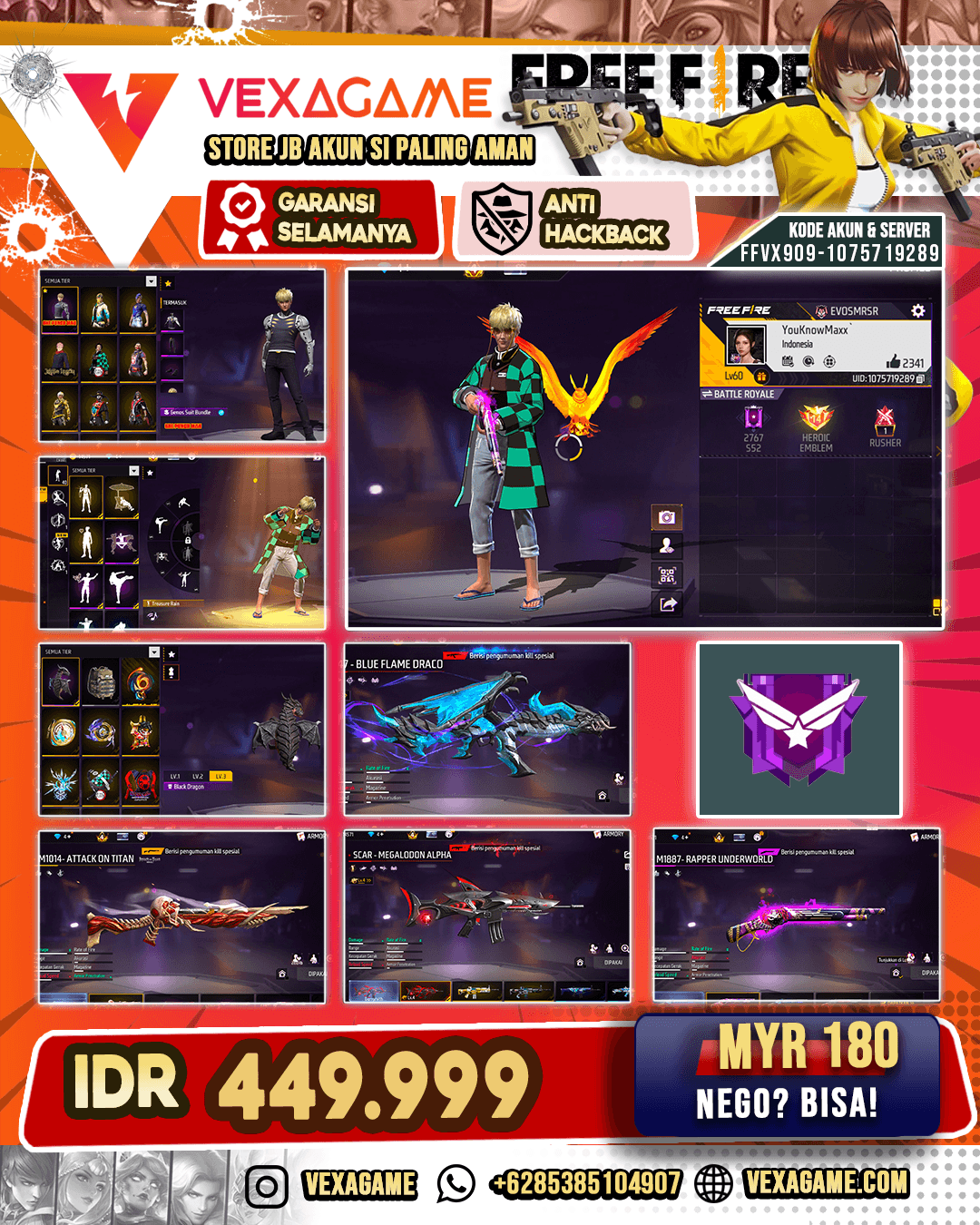 SG Panjang AOT X SG Reaper | AK47 Blue Flame Draco LV 6 | SCAR Megalodon Alpha lV 4 | SCAR Paradise | Genos Suit Bundle | Bundle Tanjirou | Bundle JJK | Vault 200+