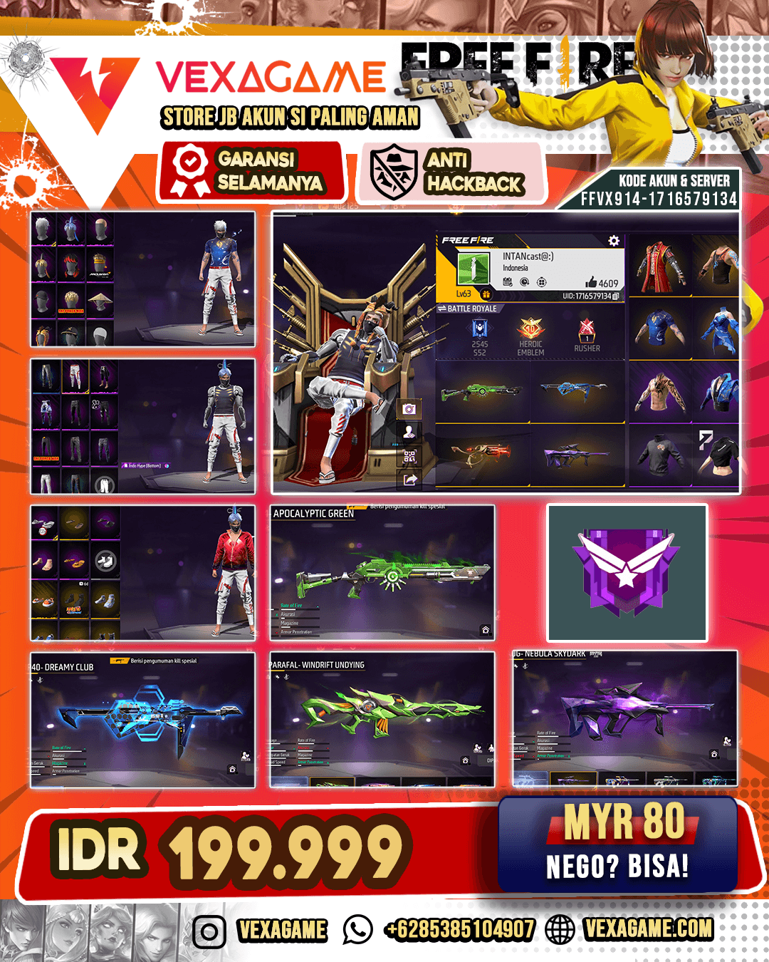 SG Mamba | SG Apocalyptic Green | MP40 Dreamy Club | Parafal Windrift Undying | AUG Nebula Skydark | AN94 Sp[ikey Spine | AK47 Unicorn's Rage | Backpack Kupu Kupu | Vault 300+