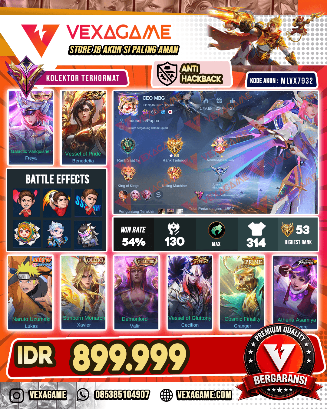 Freya Legend | Benedetta Soul Vessel | Granger Prime | 3 Collector | 2 Luckybox | 1 Annualstar | Guinevere Kof | Cecilion Soul Vessel | beatrix Prime | Lukas Naruto | Recall Tlph