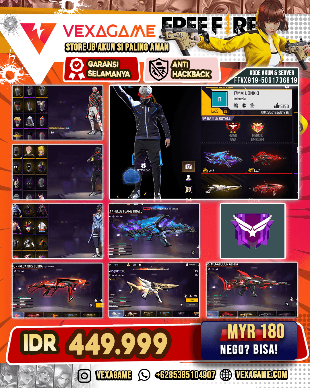 2 EVO MAX | SG Terompet | SG Gurun | Charge Buster Good Job | Trogon Serrated Rose | MP40 Predatory Cobra Lv 6 | MP40 Peninggalan Uchiha | MP5 Platinum Divinity Lv 4 | AUG Cyber Bounty Hunter | AN94 Evil Howler Lv 4 | Backpack Sayap Vault 450+