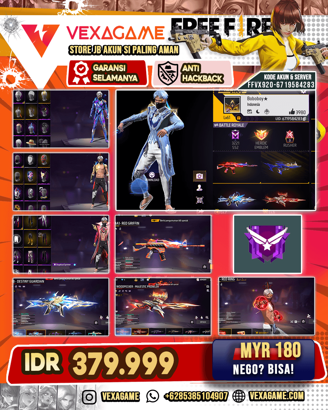 SG Terompet | MAG 7 2 Rasa | M60 Frost Sabertooth | Woodpecker Majestic Prowler Lv 6 | XM8 Destiny Guardian Lv MAX | FAMAS Midnight Cityscape | M4A1 Red Griffin | Backpack Bunny | Vault 200+