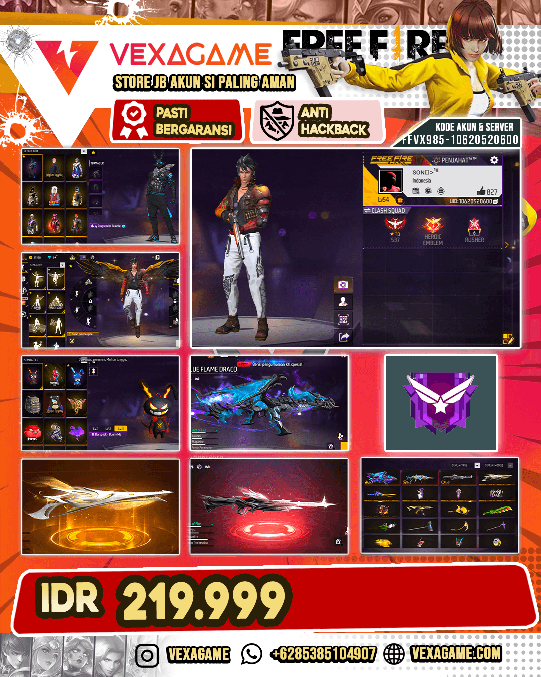 AK47 Blue Flame Draco Lv MAX | M60 Dreambreaker Lv 3 | XM8 Destiny Guardian Lv 5 | SG Gurun | SCAR Cupid | Katana Hybird Explosion | FIST 24k Thump | Emote Bullet Master | Emote Coin | Bundle JJK | Emote Sayap Pelindungmu | Backpack Bunny | Vault 150+
