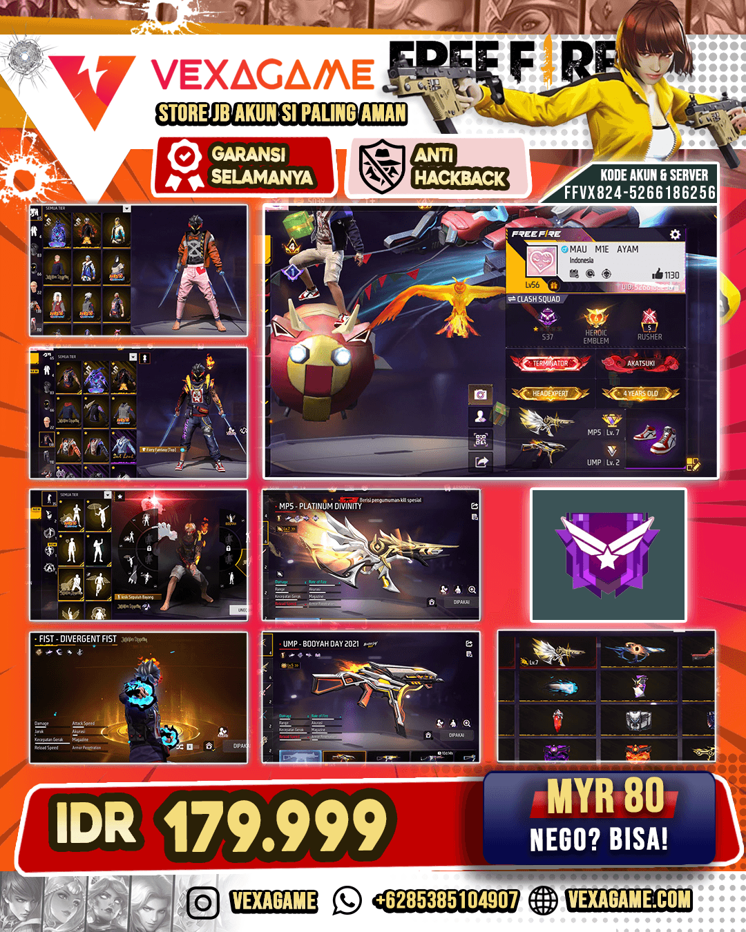 MP5 Platinum Divinity Lv MAX | UMP Booyah Day Lv 5 | Backpack Bunny | Emote Sepuluh Bayang | Bundle Galactic | Divergent Fist | Vault 100+