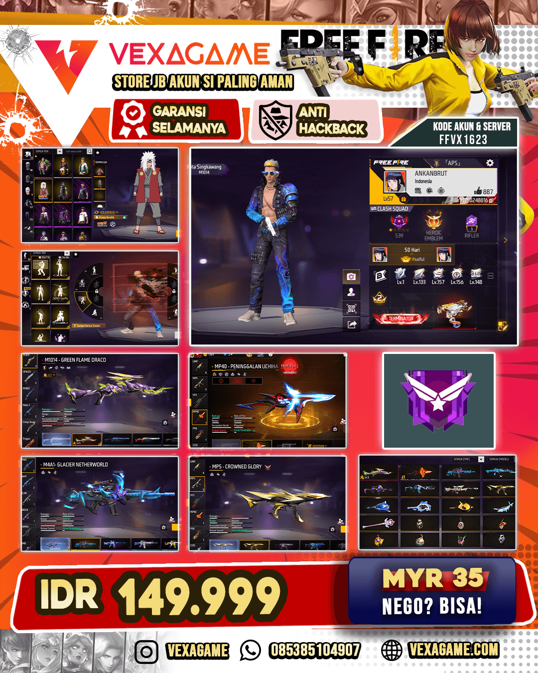 Bundle Jiraiya | SG Green Flame Draco Lv 5 | MP40 Peninggalan Uchiha | MP5 Crowned Glory | M4A1 Glacier Netherworld