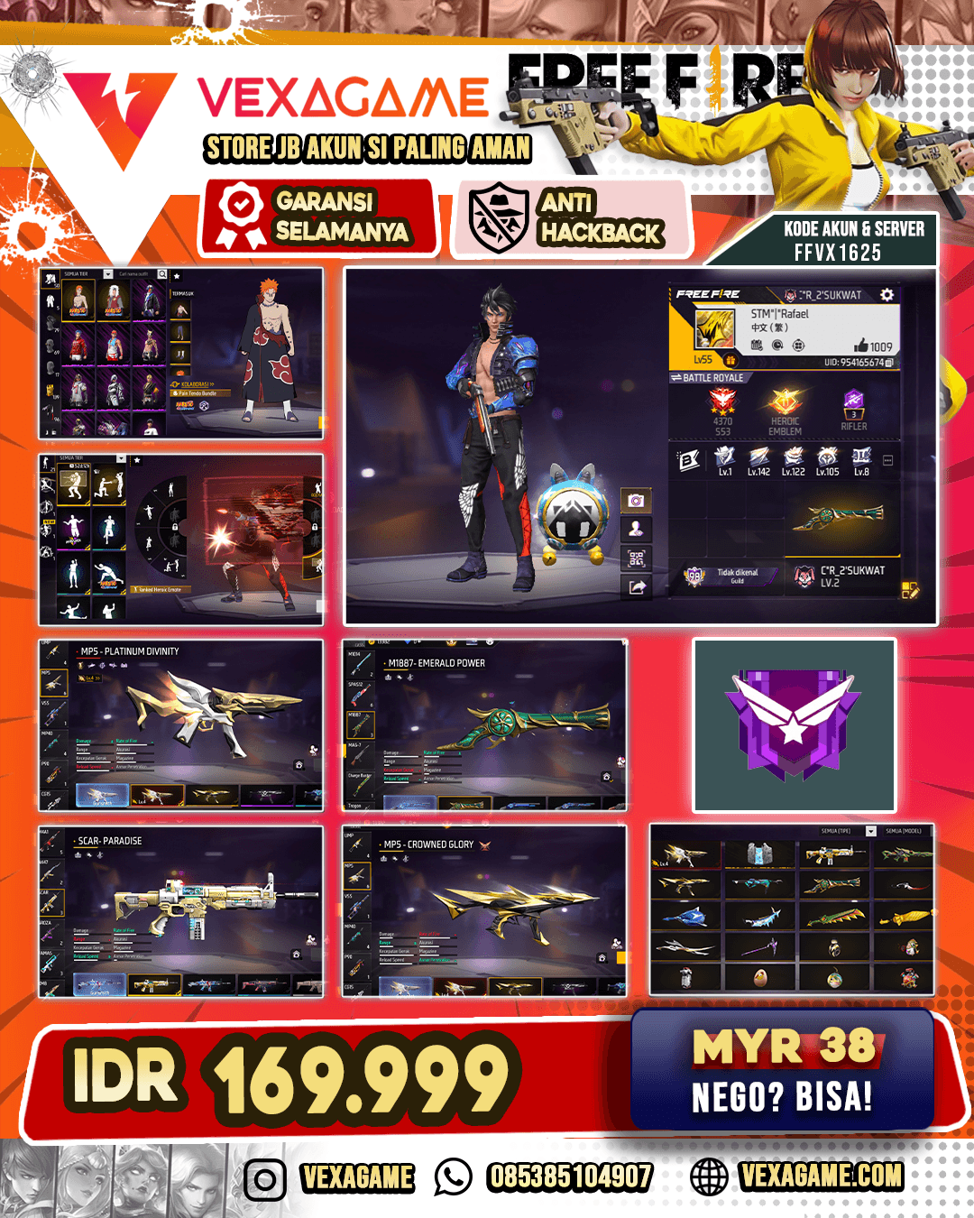 Bunde Pain X Jiraiya | Celana Angel | MP5 Platinum Divinity Lv 4 | SG Terompet | MP5 Crowned Glory | SCAR Paradise | Vault 100+