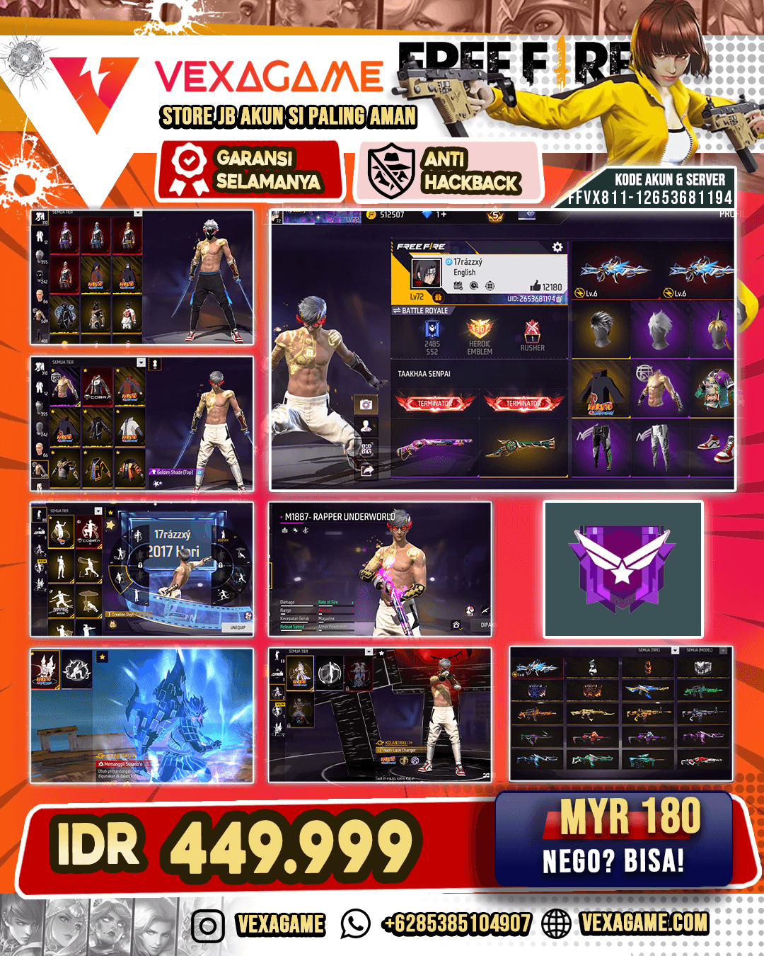 SG Reaper | SG Terompet | XM8 Destiny Guardian Lv 6 | Skydive - Midnight | Emote Susano'o | Emote Itachi Look Changer | Celana Angel | Vault 500+