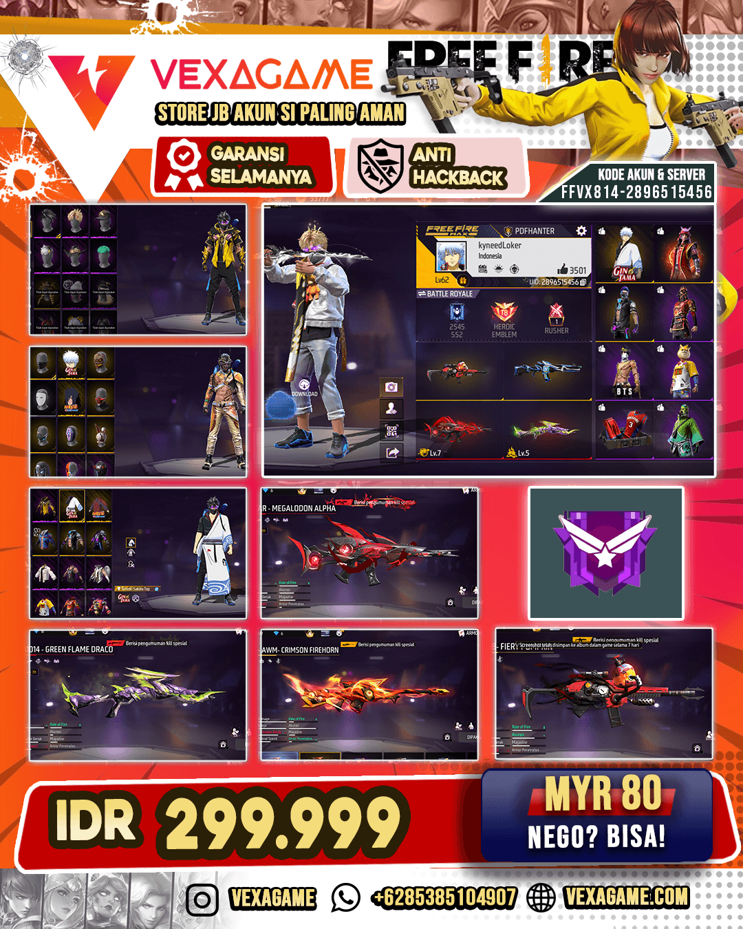 AWM Crimson Firehorn | SG Mamba | SG Panjang Green Flame Draco Lv 5 | XM8 Fiery Pumpkin | SCAR Megalodon Alpha Lv MAX | SG Bunny | Vault 300+