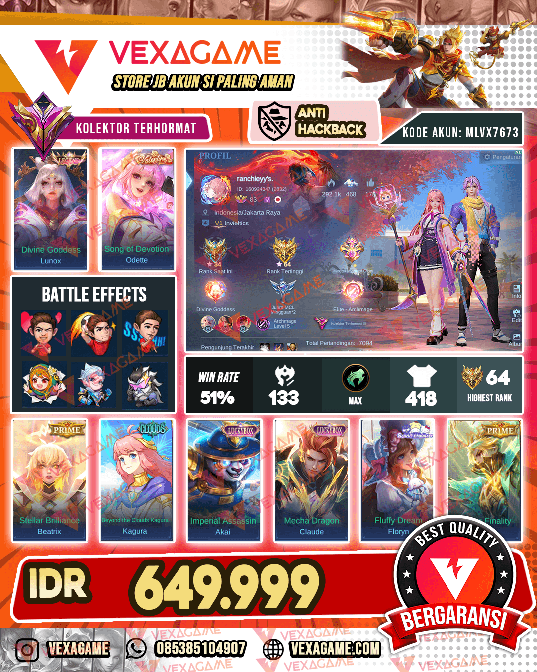 Akun Cewe | Lunox Legend | Oddete Valentine | Kagura Clouds