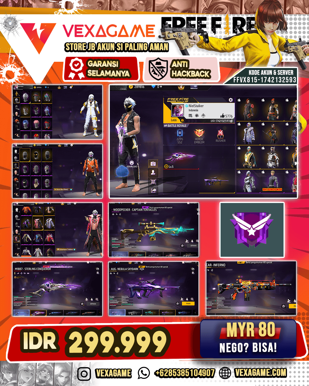 SG Sterling Conqueror Lv 5 | Woodpecker Captain Tentacles | AUG Nebula Skydark | GROZA Night Spookster | SCAR Inferno | Vault 400+