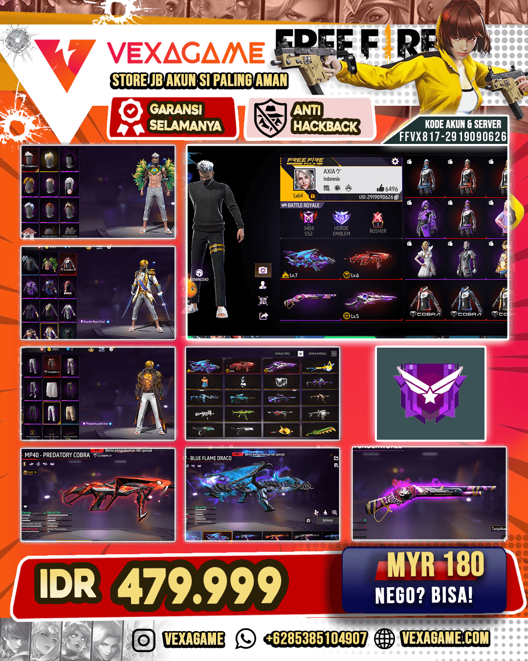 AK47 Blue Flame Draco Lv MAX | SG Reaper | MP40 Predatory Cobra Lv 6 | UMP Zebra Papercut | AN94 Tsunami Bolt | Backpack Bunny | Sepatu Tengen | Vault 300+