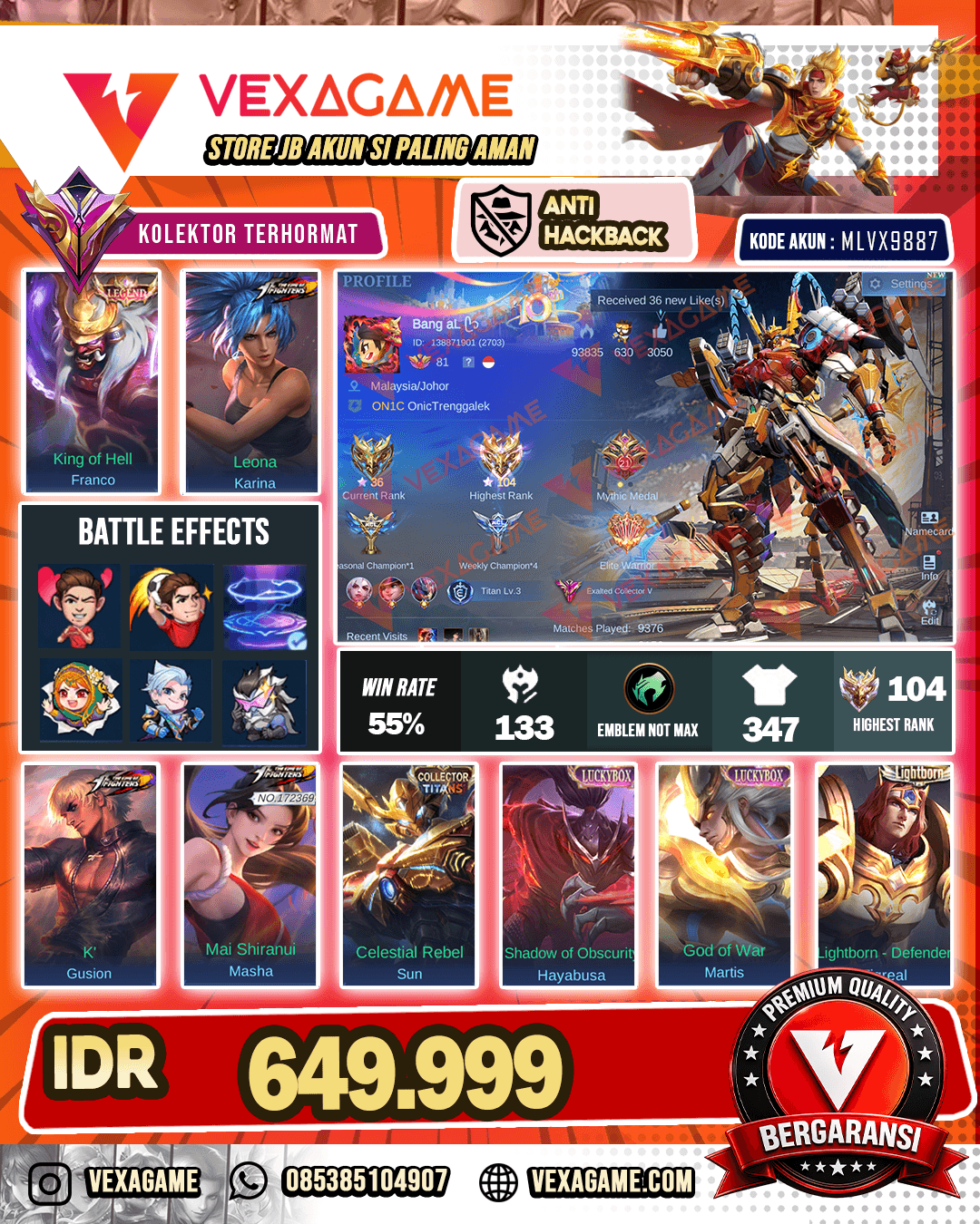 Franco Legend | Gusion KOF | Masha KOF | Sun Collector | Tas Tas ON