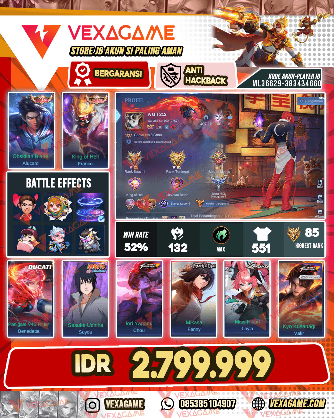 2 Legend | Chou KOF | 4 Aspirants | Fanny AoT | Harith HxH | Suyou Sasuke | Benedetta Ducati | Xborg Transformers | Thamuz 11.11 | Valir KOF | Hayabusa 11.11 | 12 Luckybox | Emblem MAX | Recall Tas Tas