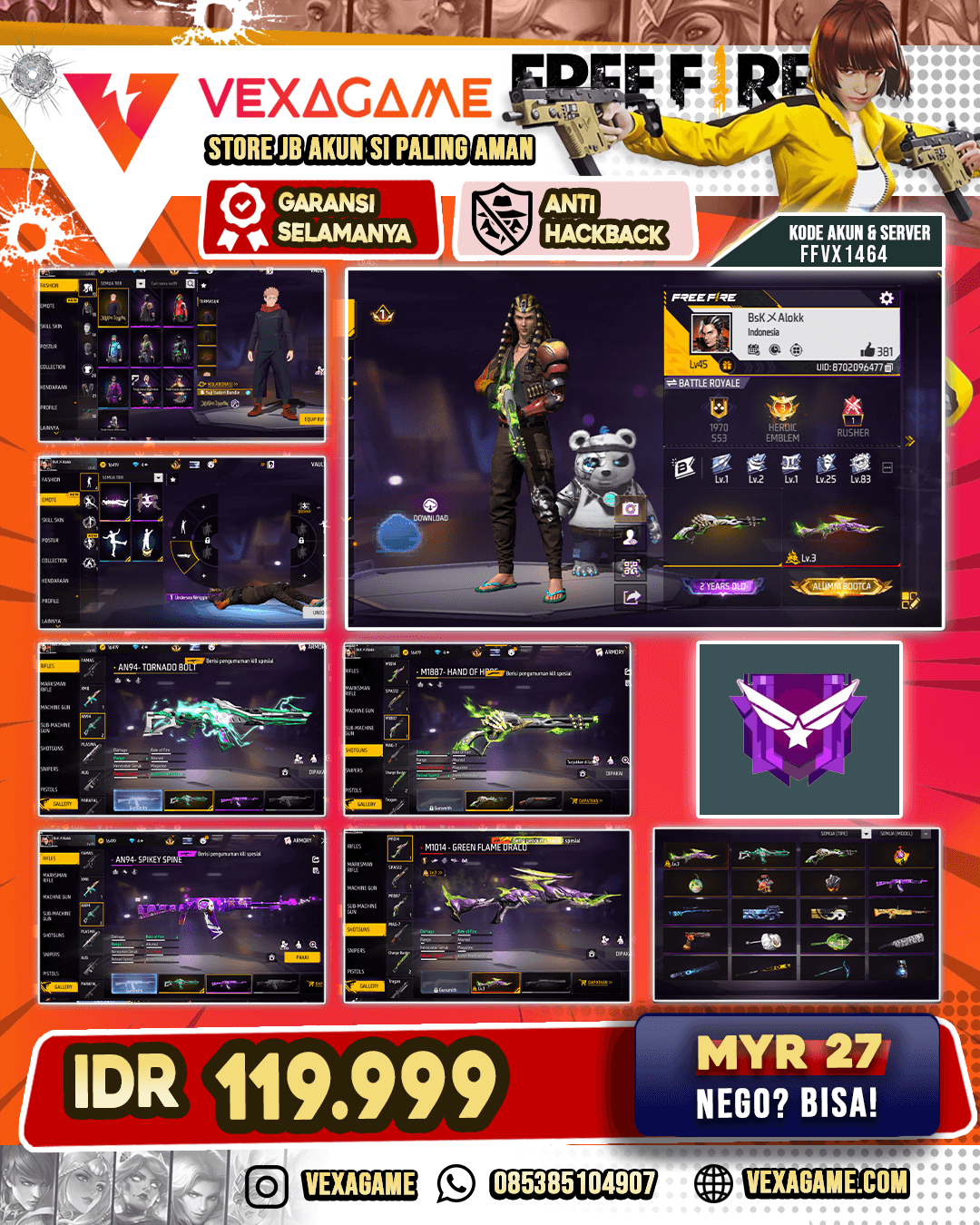 Bundle JJK | Backpack Dragon Bite | SG Green Flame Draco Lv 3 | SG Lumut | AN94 Tornado Bolt