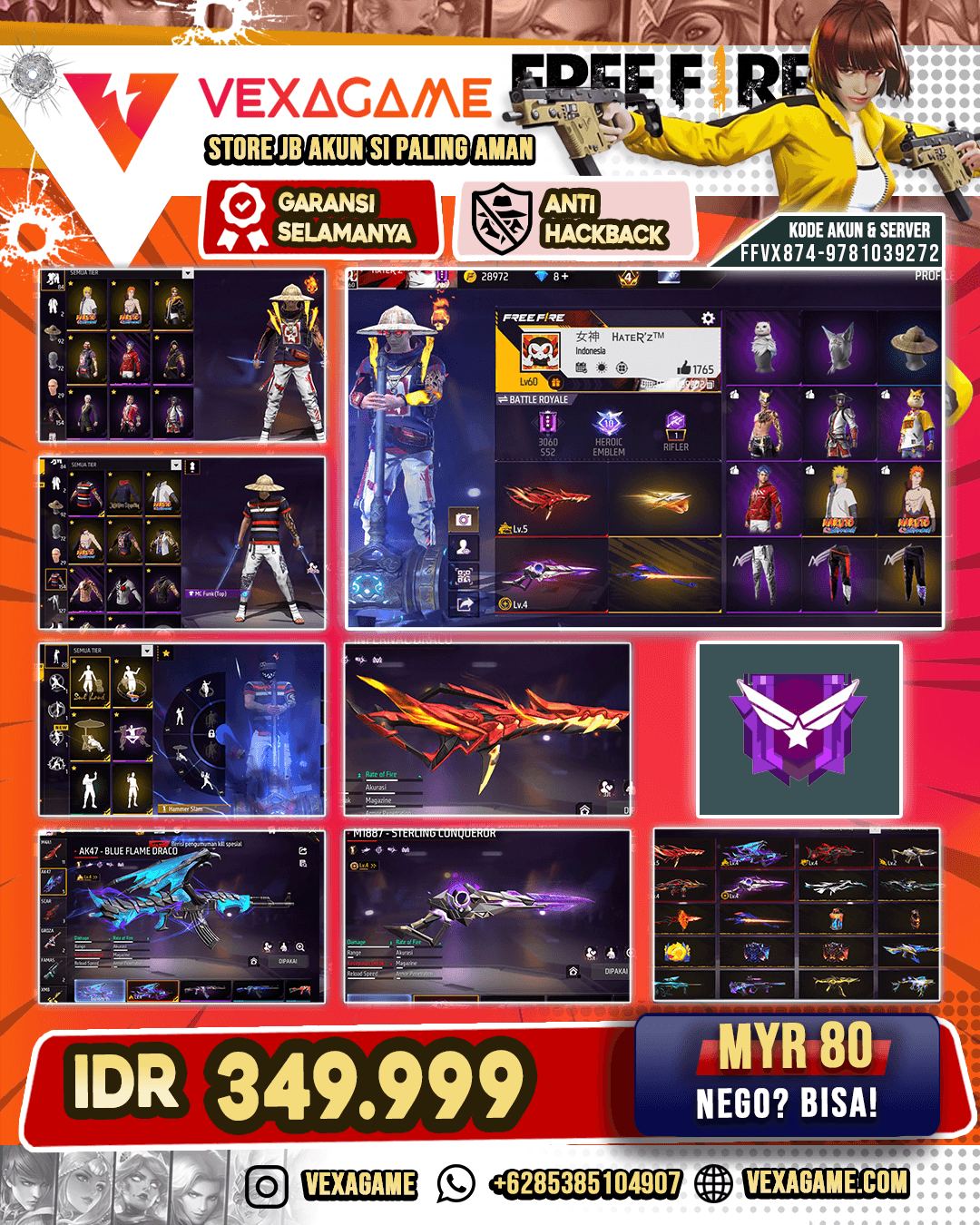 M4A1 Infernal Draco Lv 5 | AK47 Blue Flame Draco Lv 4 | SG Sterling Lv 4 | Emote Hammer Slam | Celana Penjara | Topi Jerami | Backpack Bunny | Vault 150+