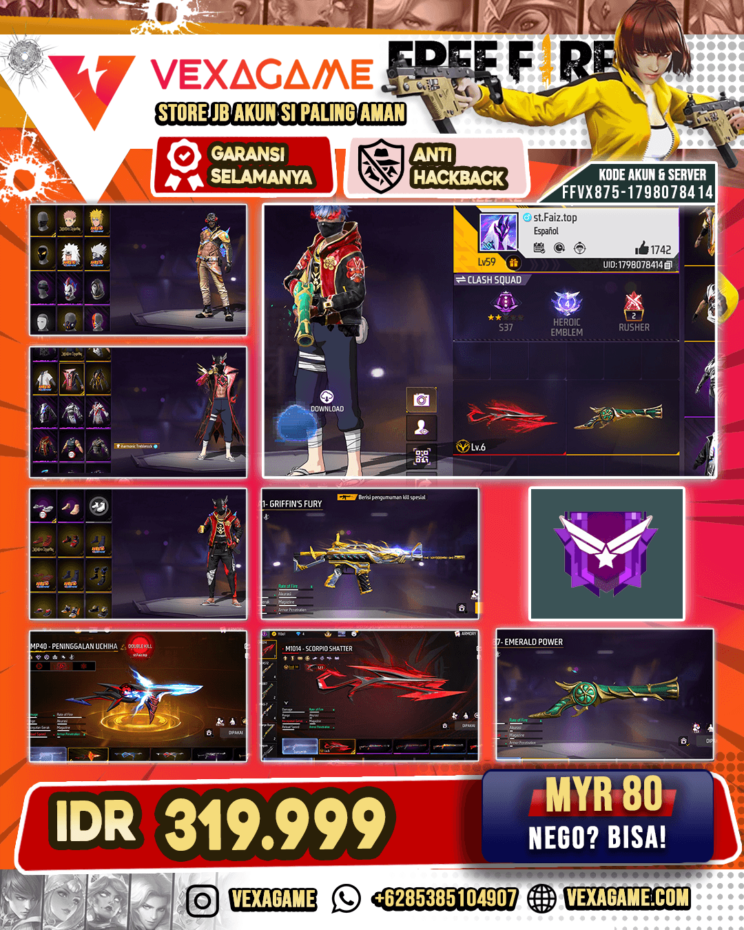 SG Scorpio Lv 6 | SG Terompet | Celana Angel | Celana Penjara | AK47 Unicorn's Rage | M4A1 Griffin's Fury | SCAR Paradise | MP40 Peninggalan Uchiha | Vault 200+
