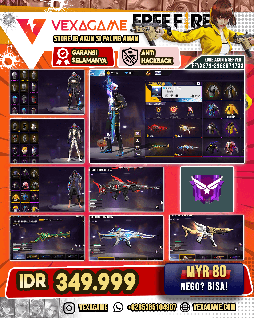SG Terompet | MP40 2 Rasa | MP5 Platinum Divinity Lv 4 | XM8 Destiny Guardian Lv 3 | AK47 Unicorn's Rage | SCAR Megalodon Alpha Lv 6 | Backpack Bunny | Vault 300+