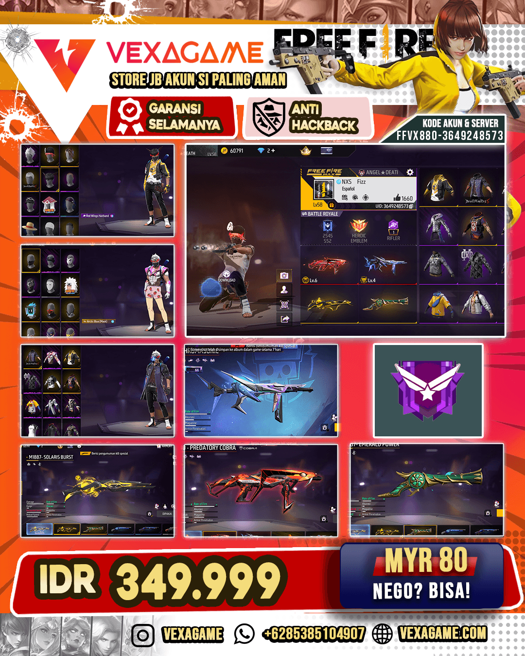 SG Terompet | SG Solaris Burst | MP40 Peninggalan Uchiha | MP40 Chromasic Lv 4 | MP40 Predatory Cobra Lv 6 | AUG Nebula Skydark | Groza Flames Enchanted | Backpack Bunny | Vault 200+