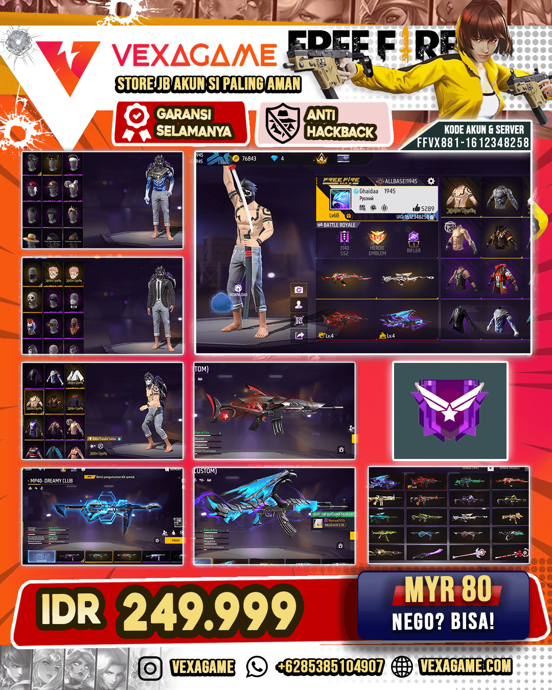 SG Bunny | SG Panjang Violet Terror | MP40 2 Rasa | AUG Aqua Firetaming | SCAR Megalodon Alpha Lv 4 | AK47 Blue Flame Draco LV 4 | Vault 350++