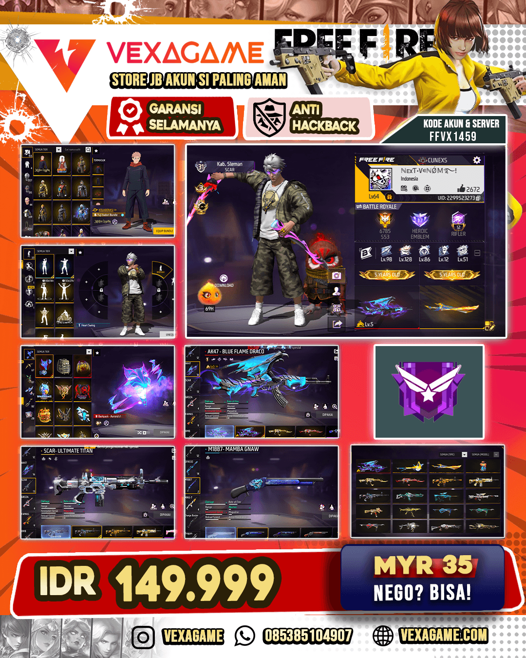 Bundle Yuji Itadori | Backpack Aurora's Watchfox | AK47 Blue Flame Draco Lv 5 | SCAR 3 Rasa | SG Mamba